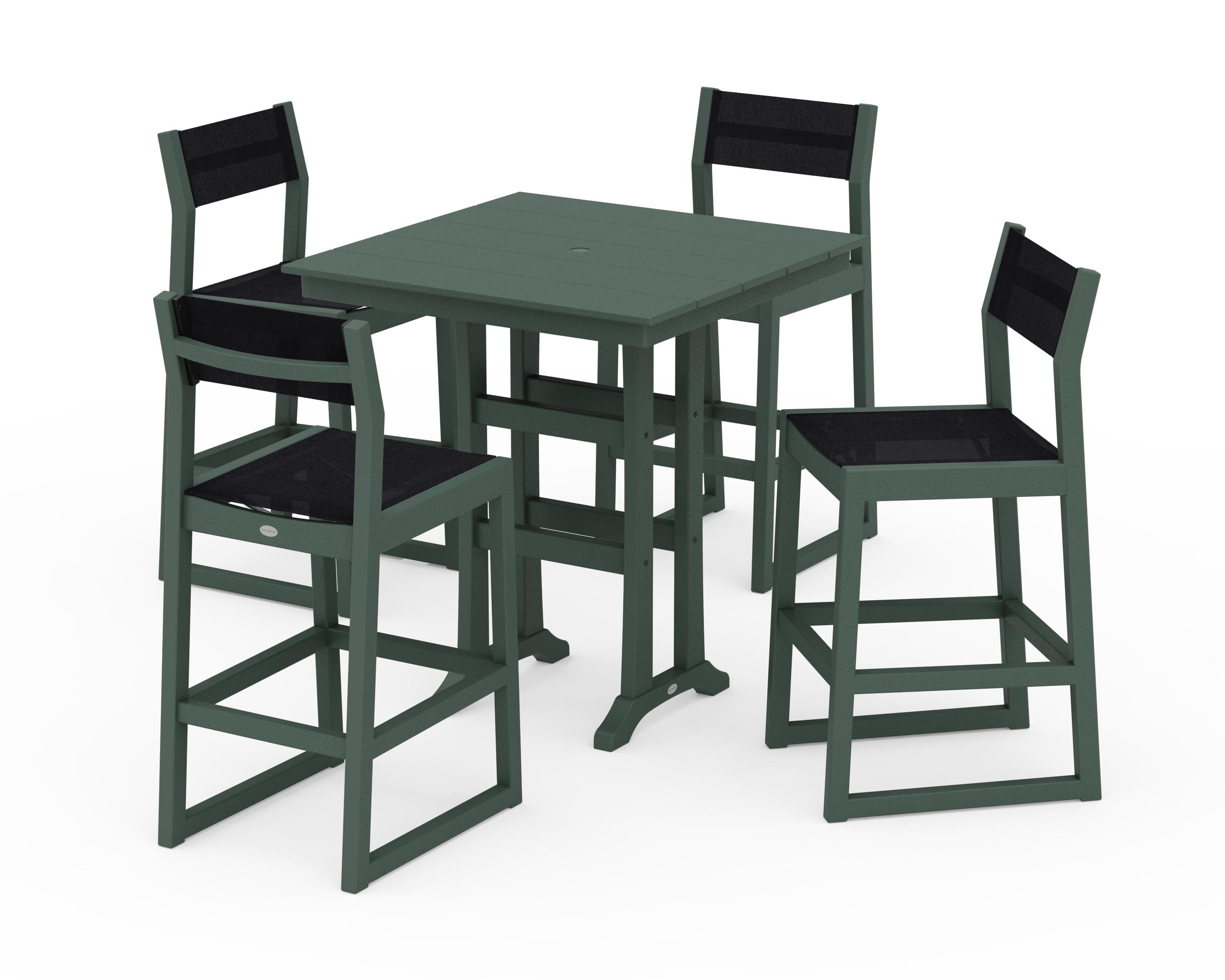 POLYWOOD EDGE Sling Arm Chair 5-Piece Farmhouse Bar Set with Trestle Legs in Green / Black Sling