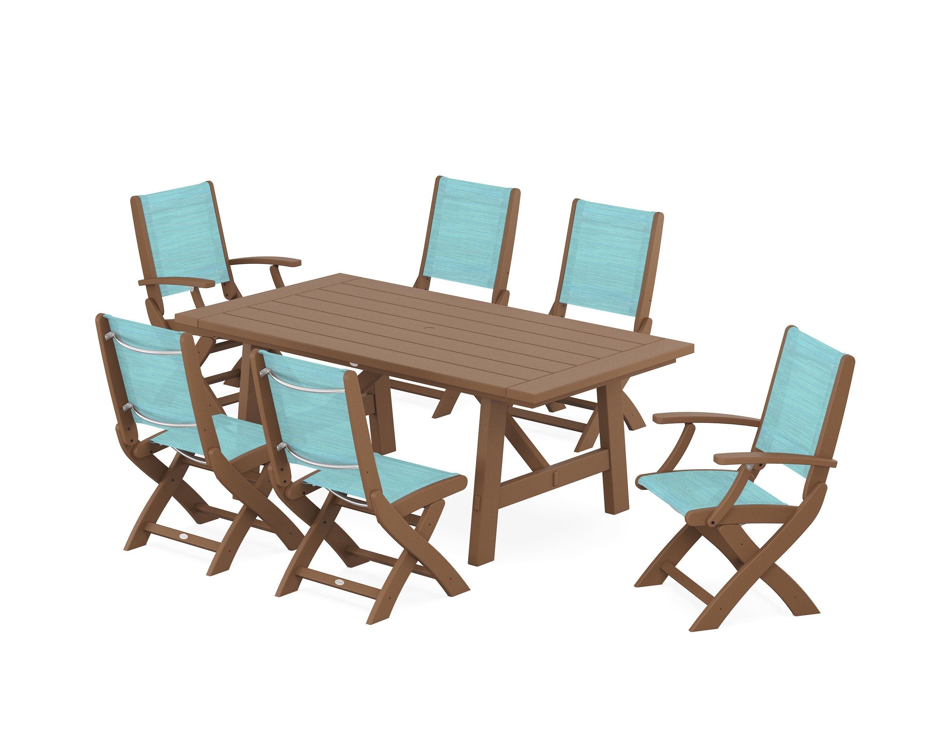 POLYWOOD Coastal Folding Chair 7-Piece Rustic Farmhouse Dining Set in Teak / Dupioni Aquamarine Sling