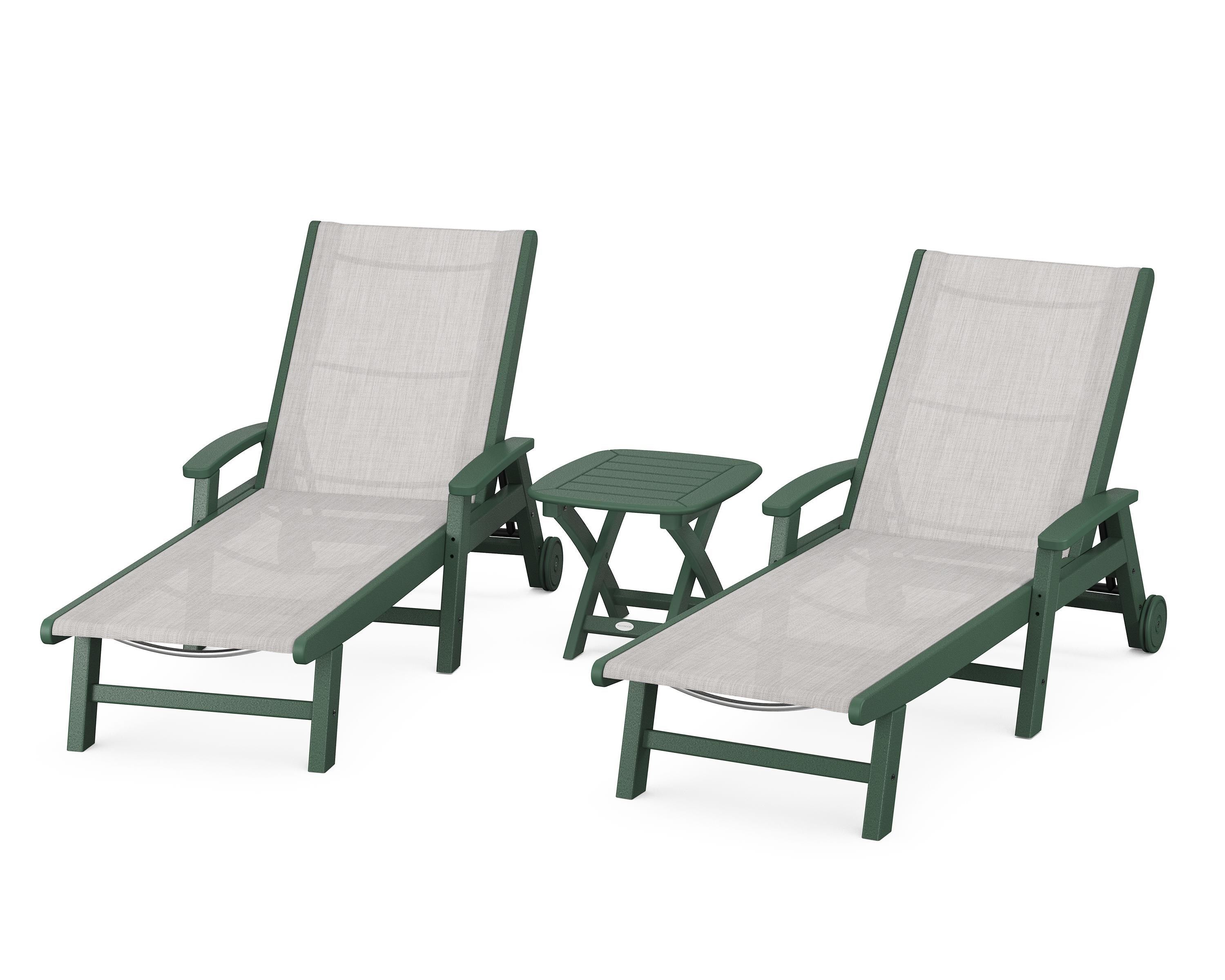 POLYWOOD Coastal 3-Piece Wheeled Chaise Set in Green / Parchment Sling
