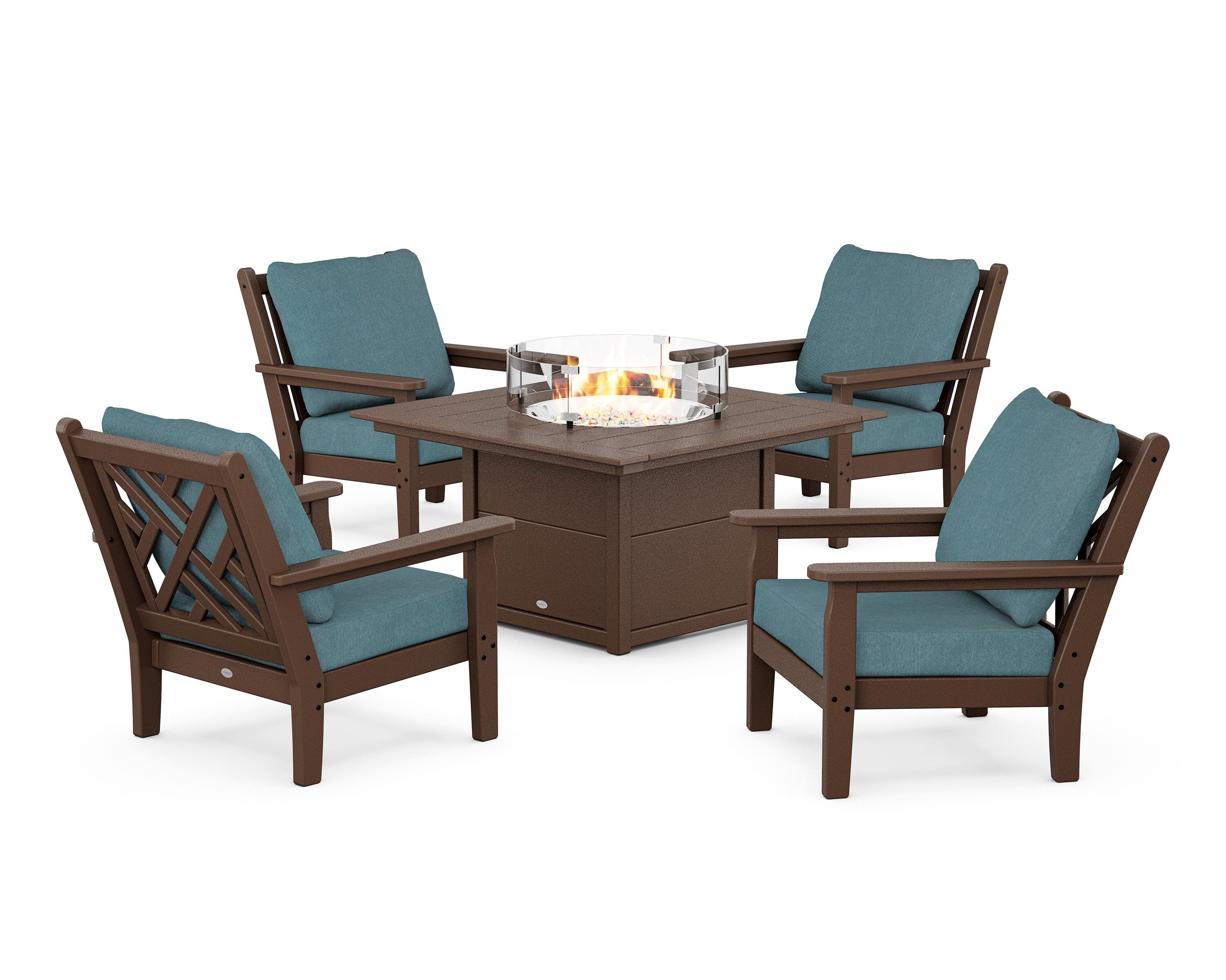 POLYWOOD Chippendale 5-Piece Deep Seating Set with Fire Pit Table in Mahogany / Ocean Teal