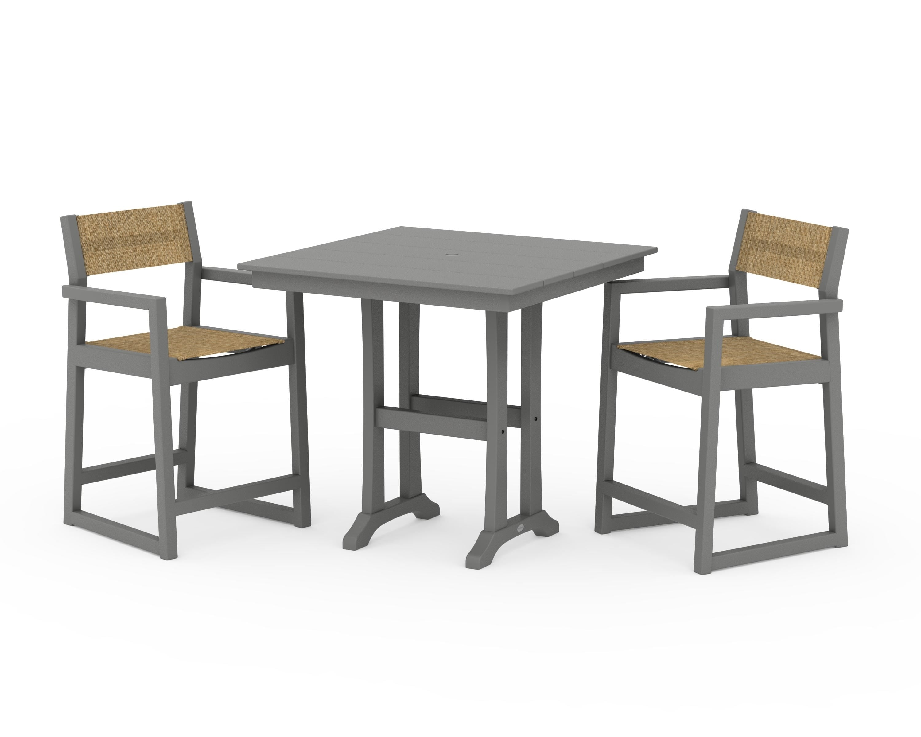 POLYWOOD EDGE Sling Arm Chair 3-Piece Farmhouse Counter Set with Trestle Legs in Slate Grey / Burlap Sling