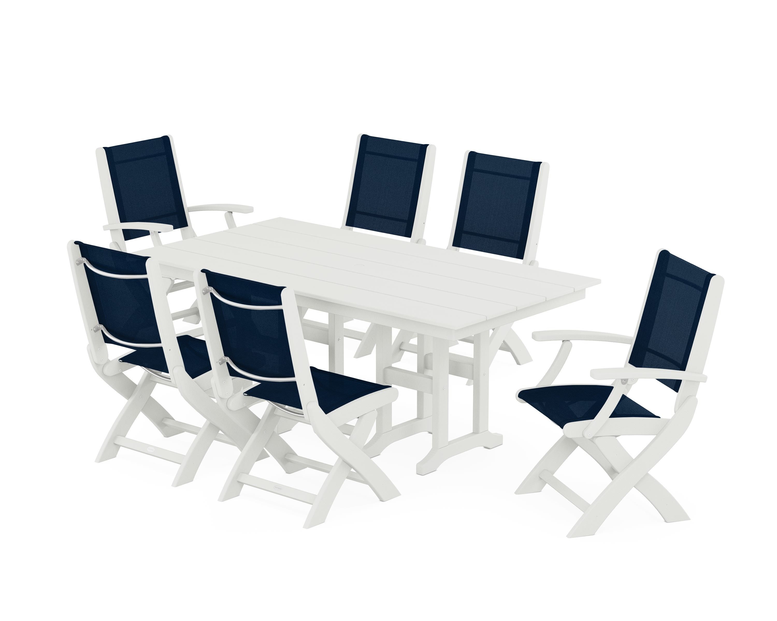 POLYWOOD Coastal Folding Chair 7-Piece Farmhouse Dining Set in Vintage White / Navy Blue Sling