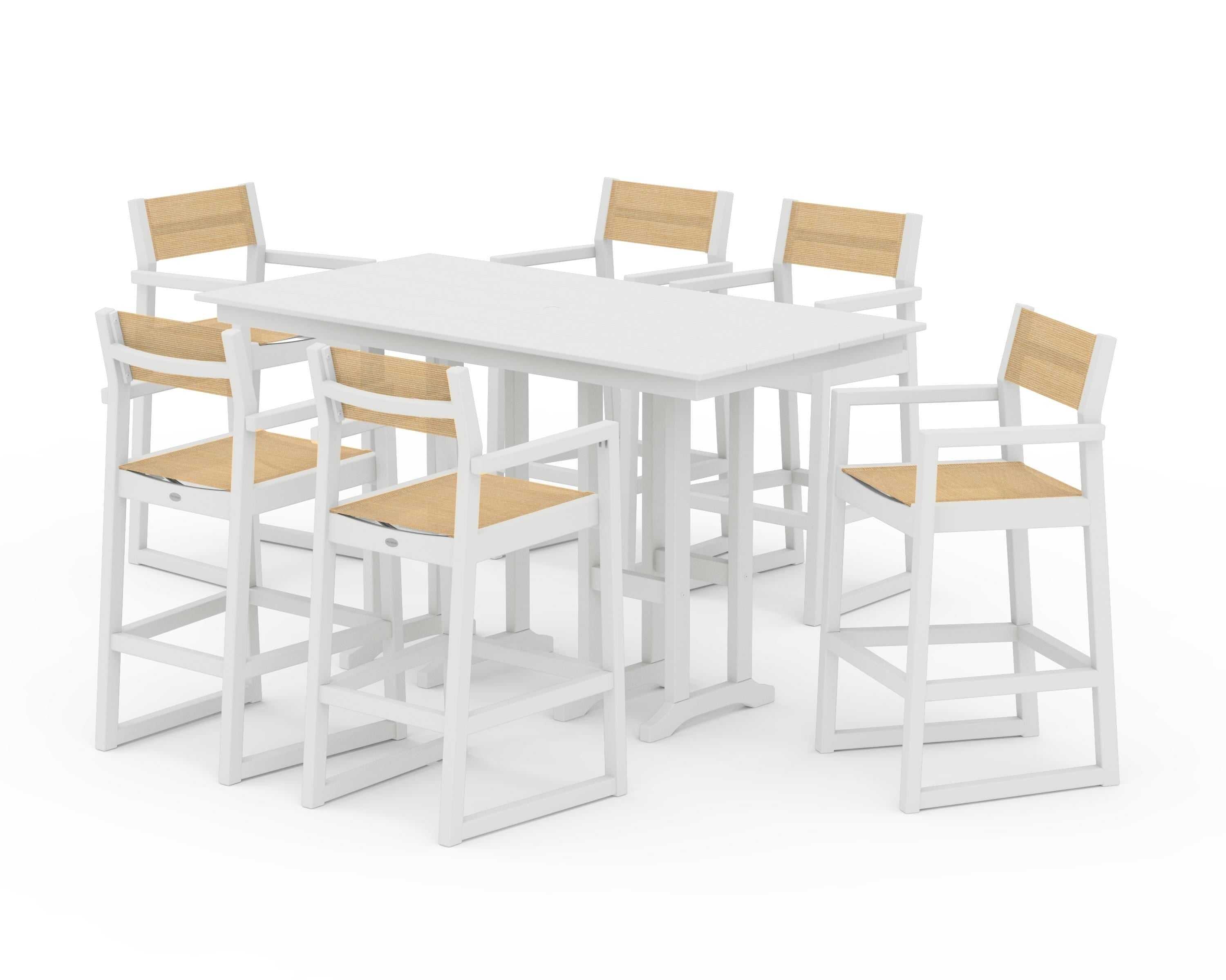POLYWOOD EDGE Sling Arm Chair 7-Piece Farmhouse Bar Set in Vintage White / Dupioni Apricot Sling