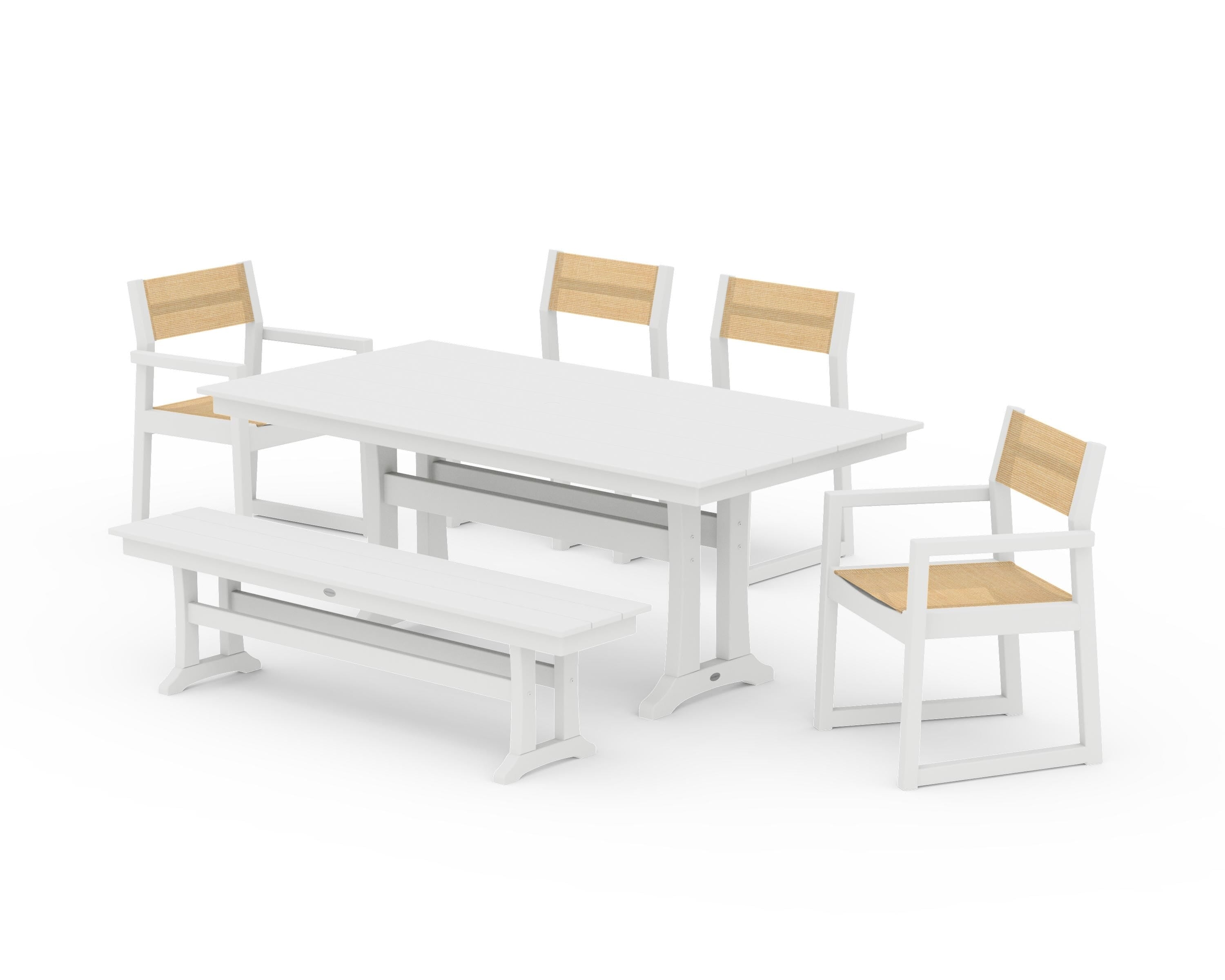 POLYWOOD EDGE Sling 6-Piece Farmhouse Dining Set With Trestle Legs in White / Dupioni Apricot Sling