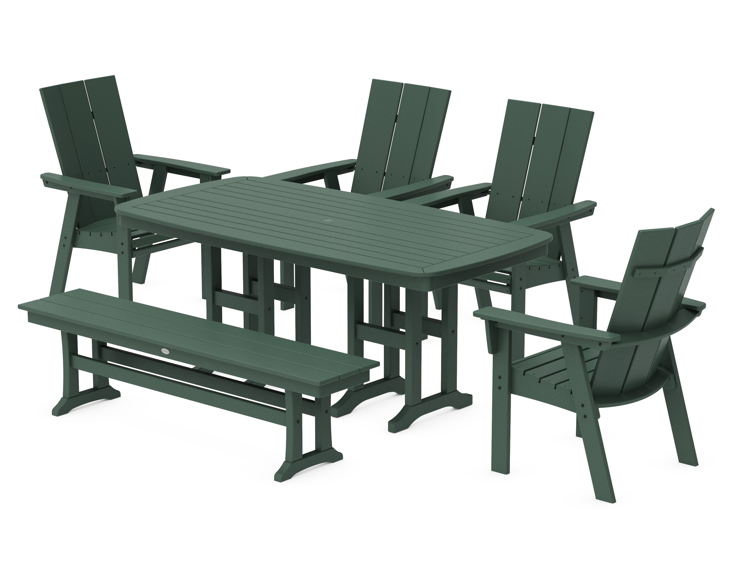 POLYWOOD Modern Curveback Adirondack 6-Piece Dining Set with Bench in Green