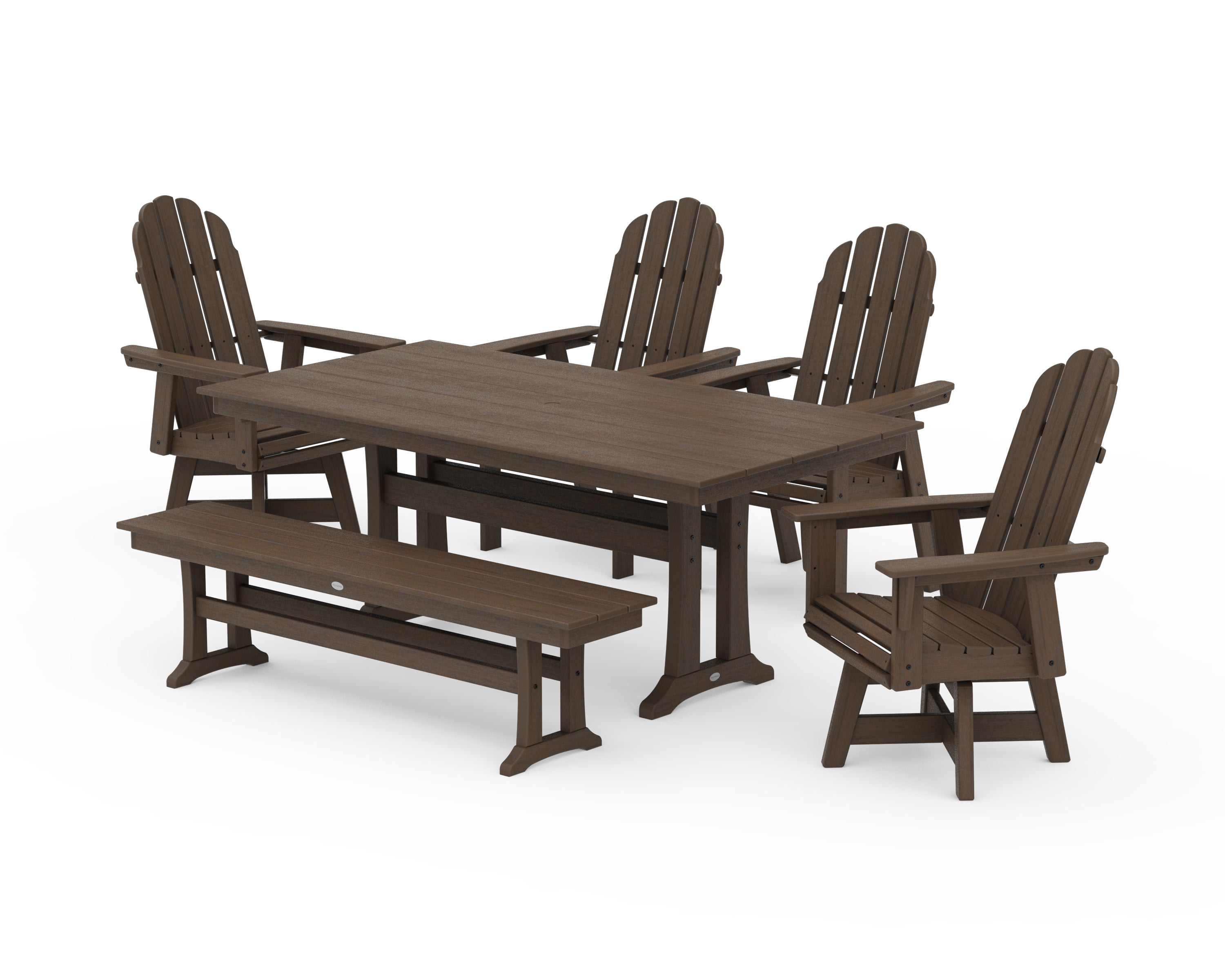 POLYWOOD Vineyard Curveback Adirondack 6-Piece Swivel Chair Farmhouse Dining Set with Trestle Legs and Bench in Kona