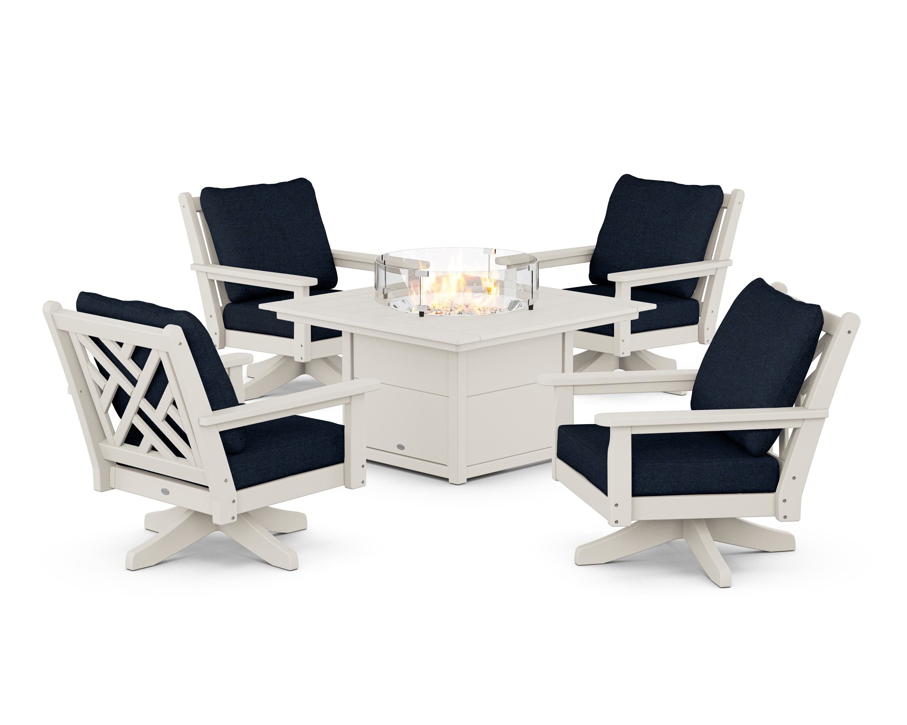 POLYWOOD Chippendale 5-Piece Deep Seating Swivel Conversation Set with Fire Pit Table in Sand / Marine Indigo
