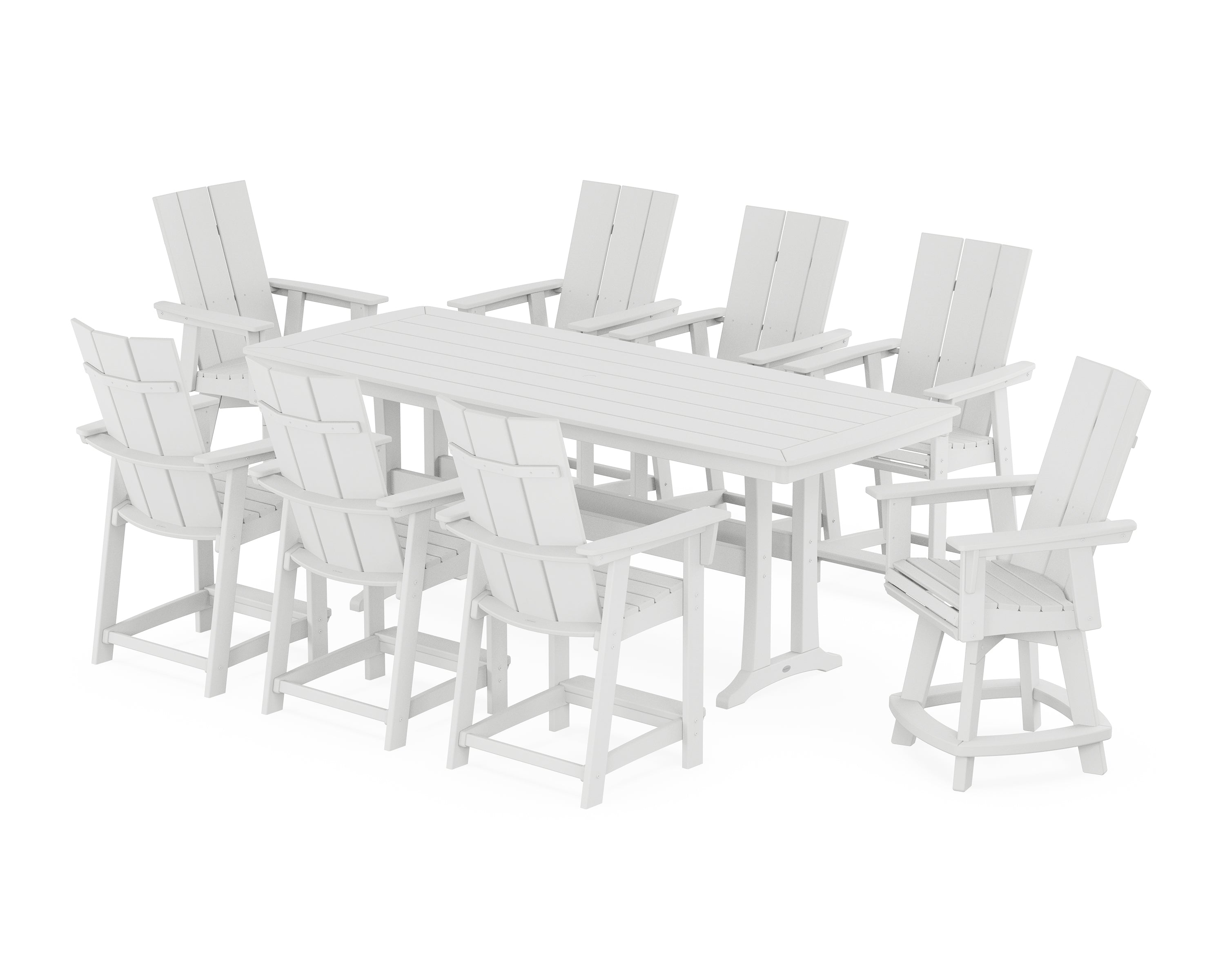 POLYWOOD® Modern Curveback Adirondack Swivel 9-Piece Counter Set with Trestle Legs in White