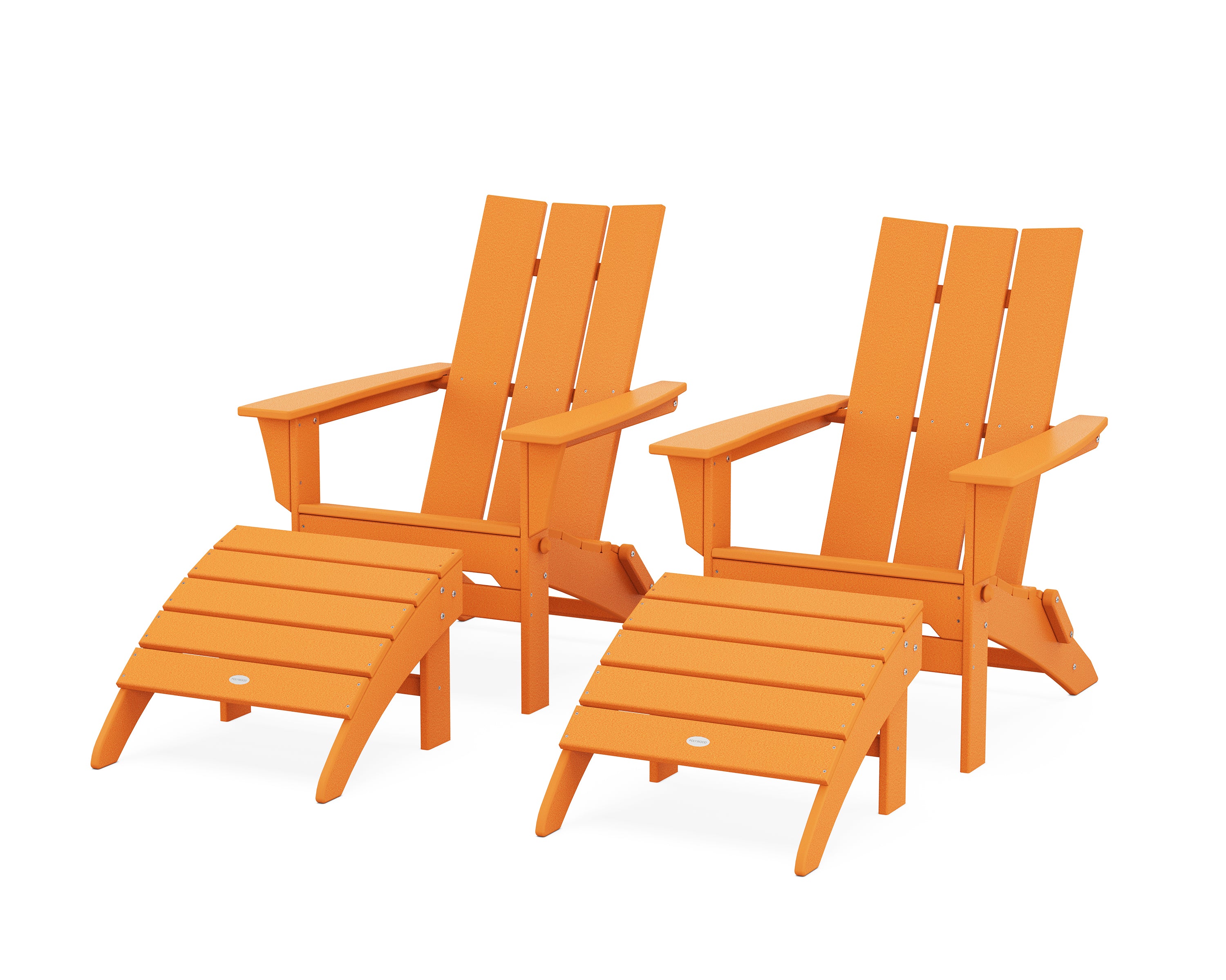 POLYWOOD Modern Folding Adirondack Chair 4-Piece Set with Ottomans in Tangerine