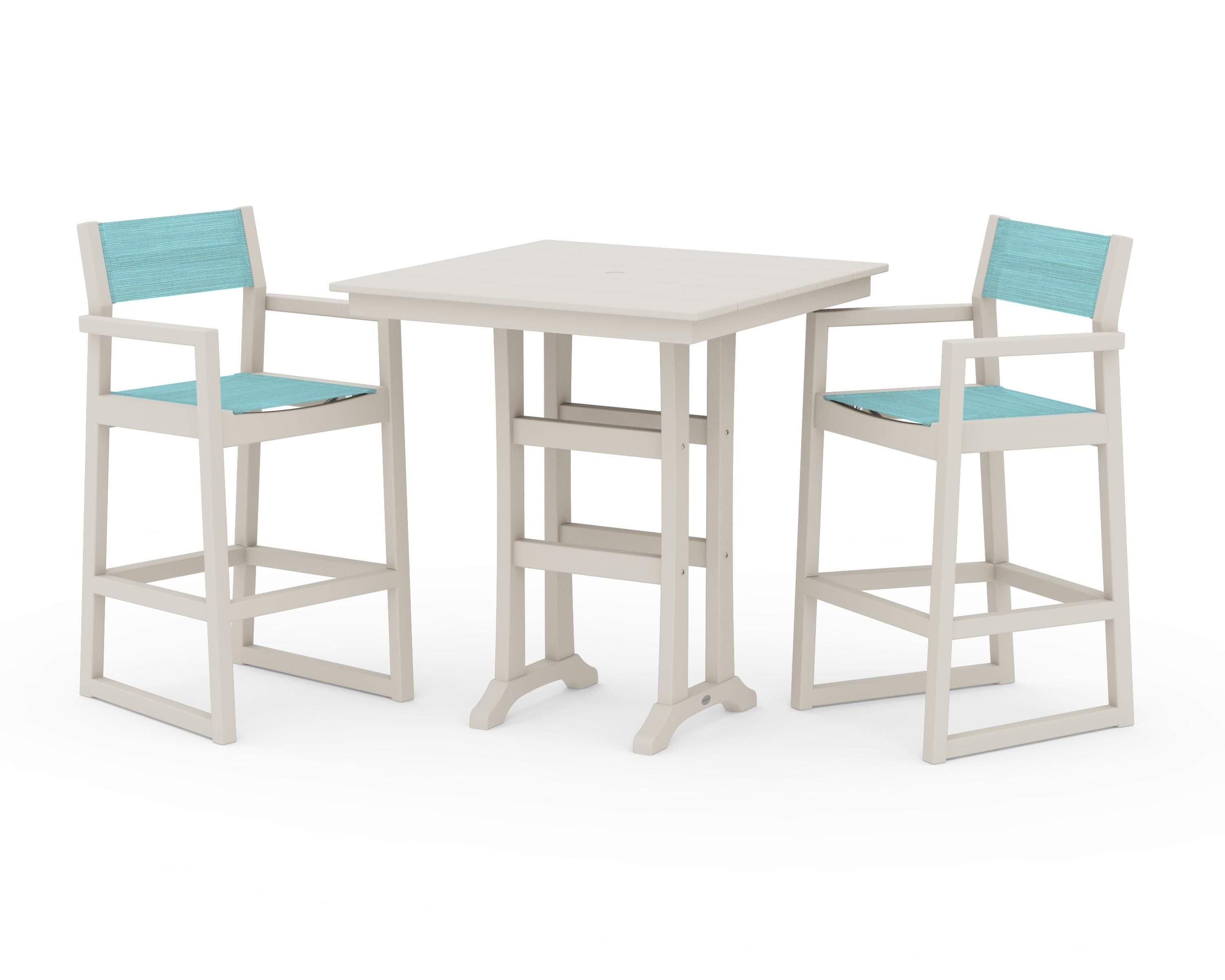 POLYWOOD EDGE Sling Arm Chair 3-Piece Farmhouse Bar Set with Trestle Legs in Sand / Dupioni Aquamarine Sling