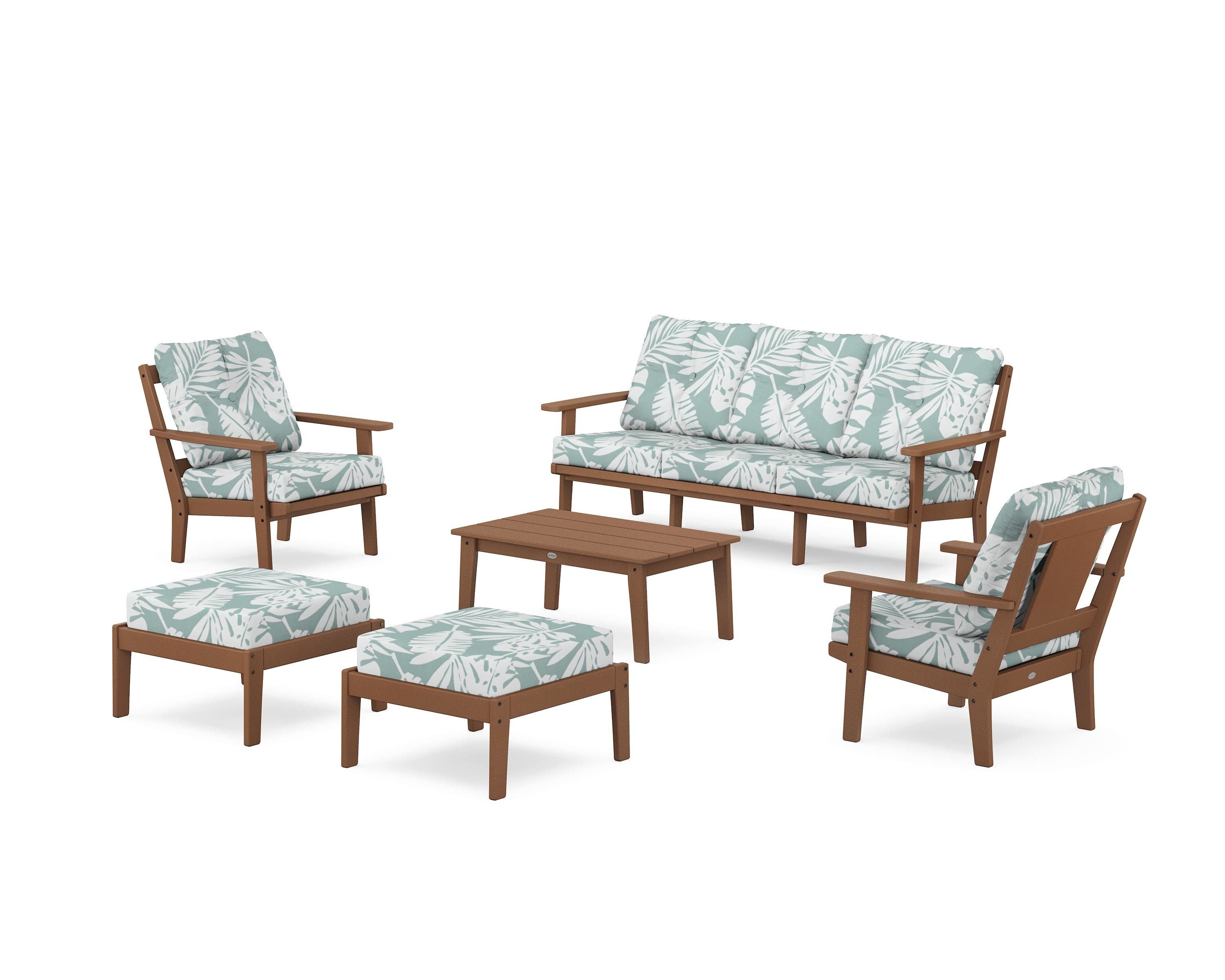 POLYWOOD Prairie 6-Piece Lounge Sofa Set in Teak / Leaf Glacier Spa