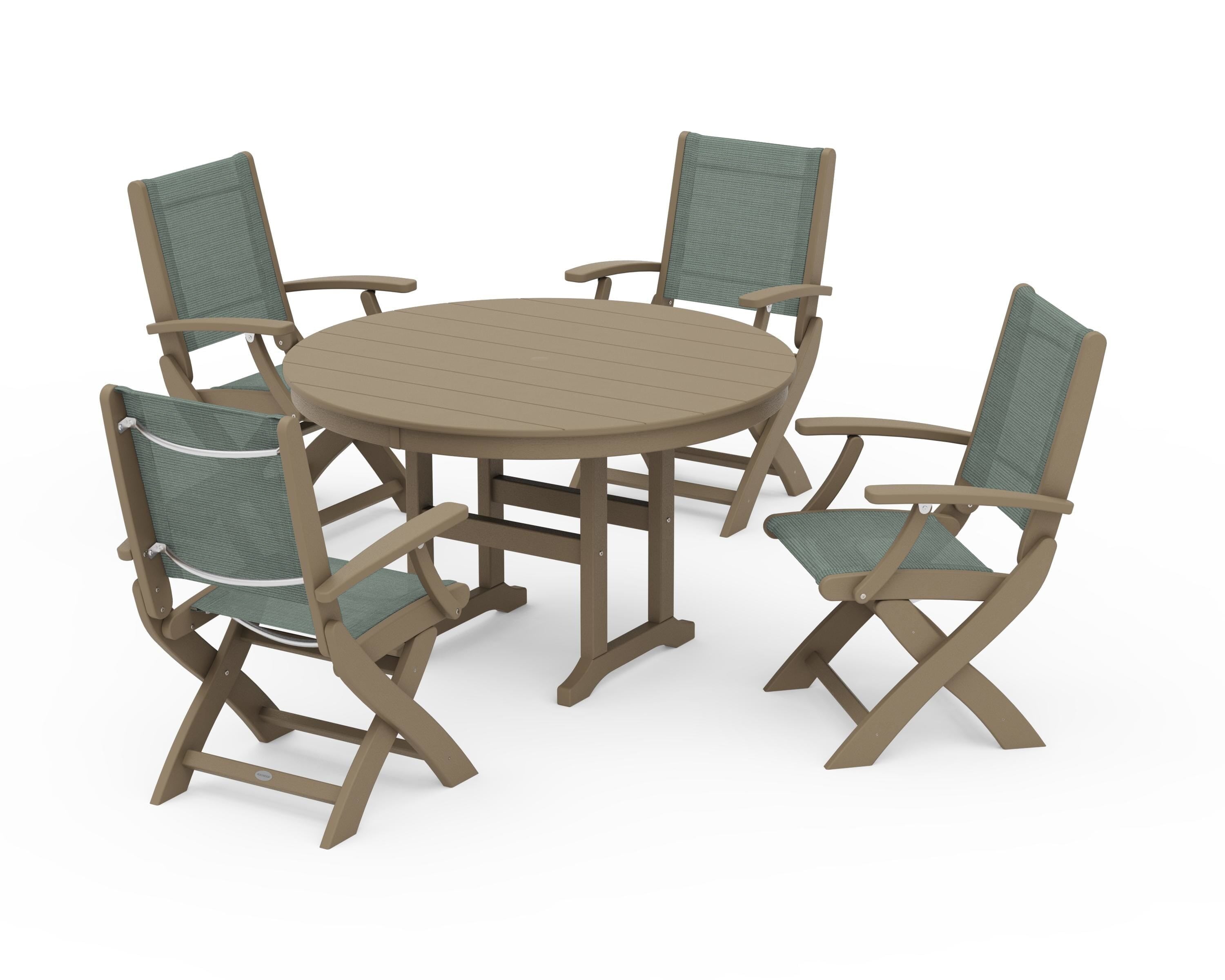 POLYWOOD Coastal Folding Chair 5-Piece Round Dining Set in Vintage Sahara / Dupioni Sea Mist Sling