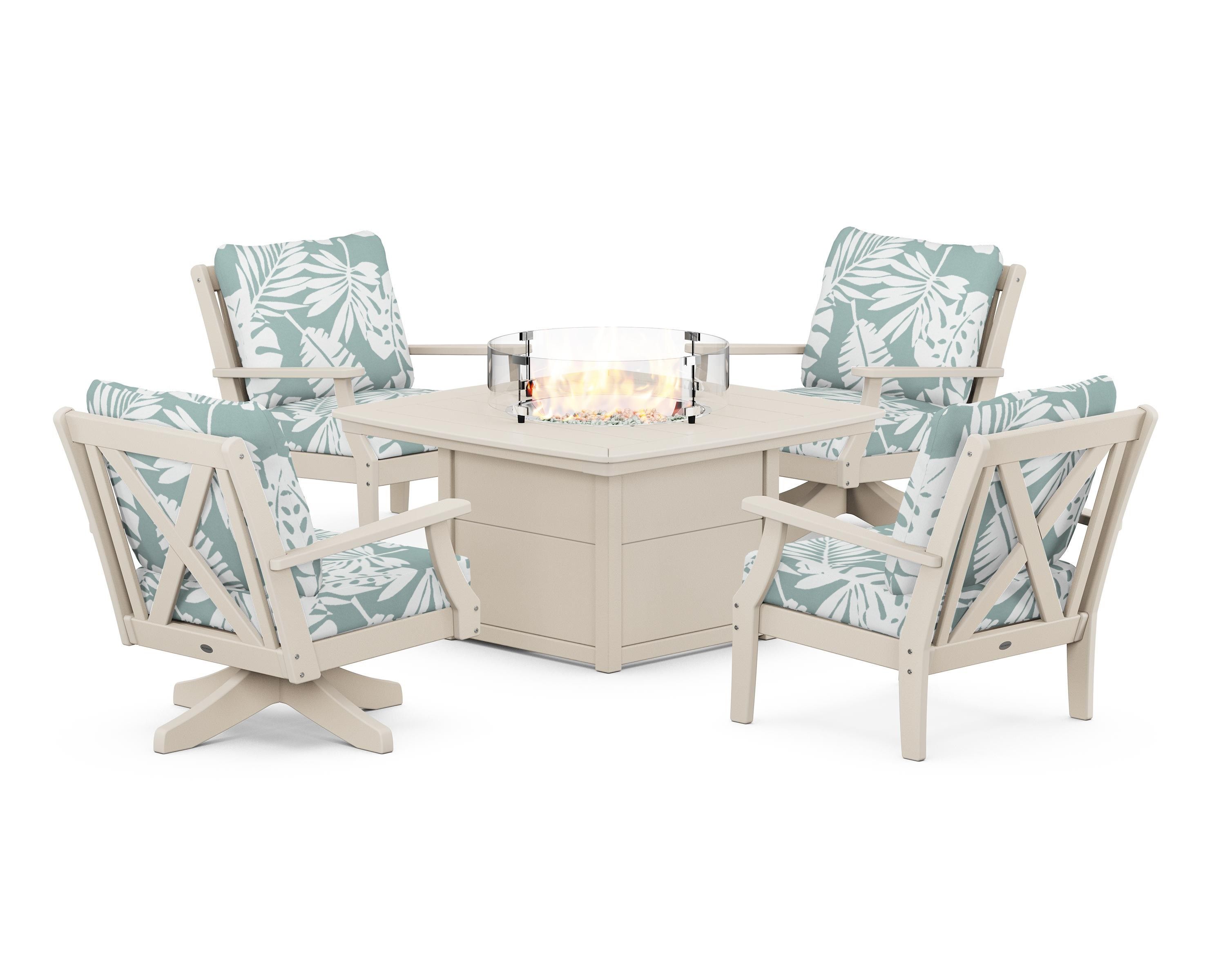 POLYWOOD Braxton 5-Piece Deep Seating Set with Fire Table in Sand / Leaf Glacier Spa