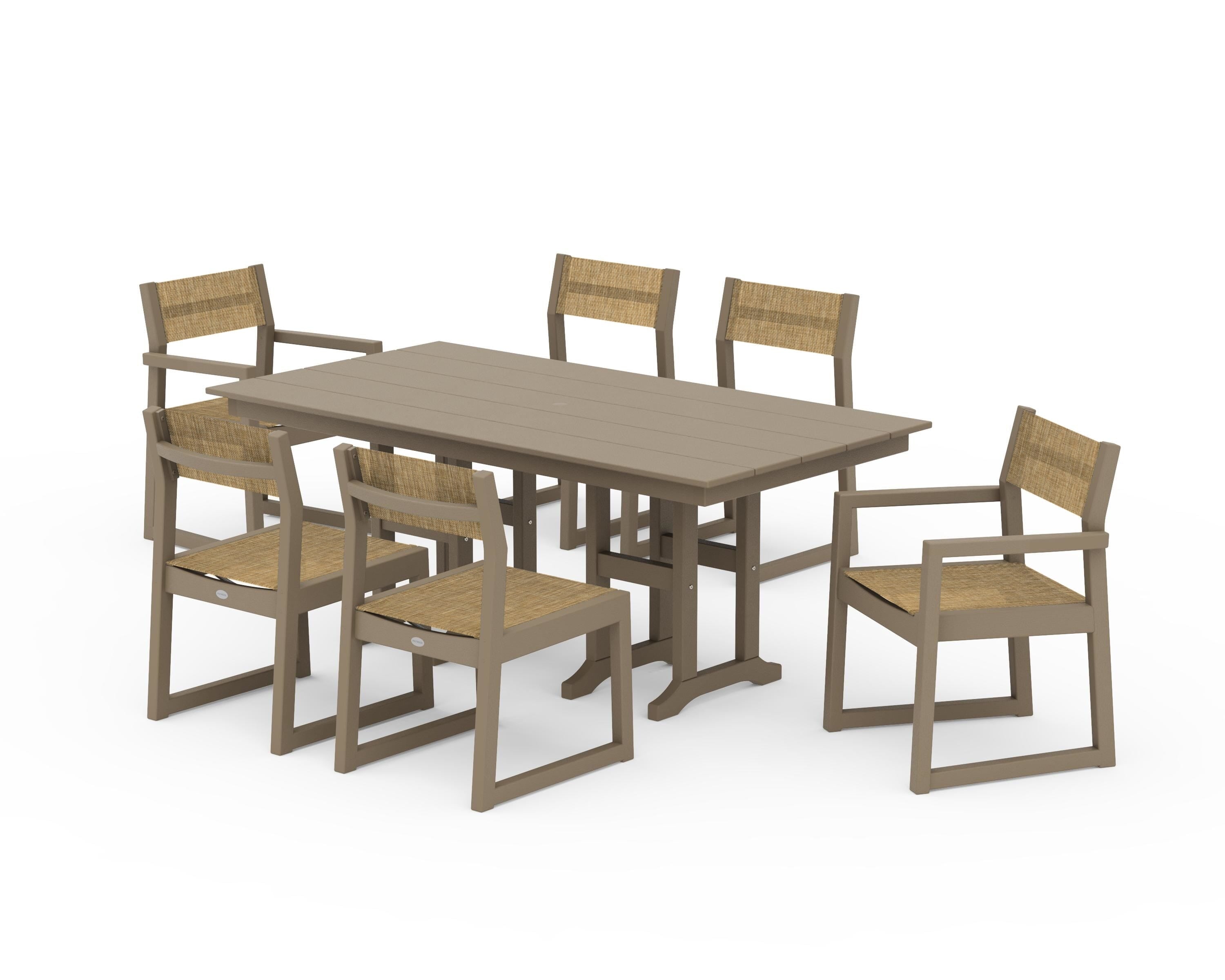 POLYWOOD EDGE Sling 7-Piece Farmhouse Dining Set in Vintage Sahara / Burlap Sling