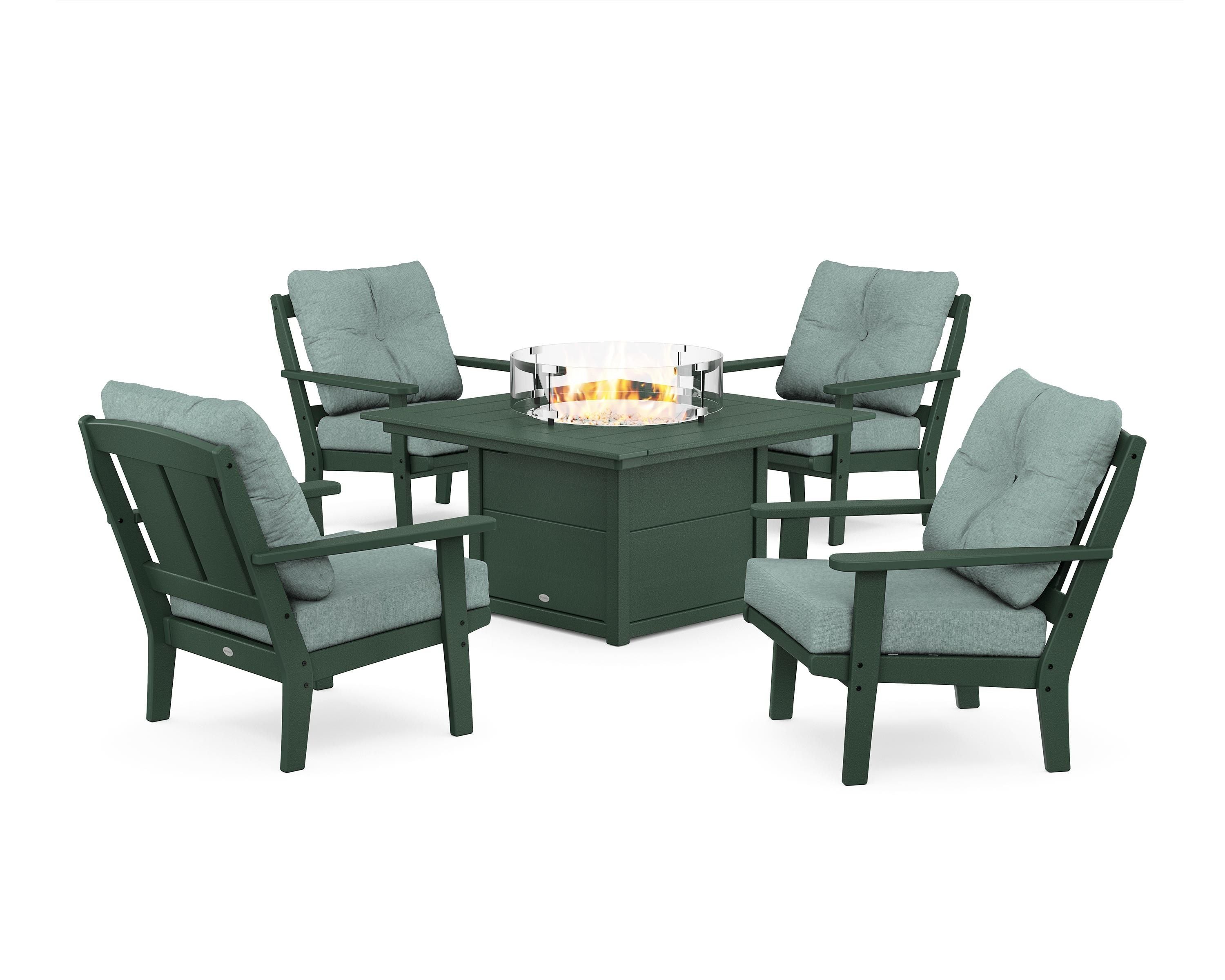 POLYWOOD Mission 5-Piece Deep Seating Set with Fire Pit Table in Green / Glacier Spa