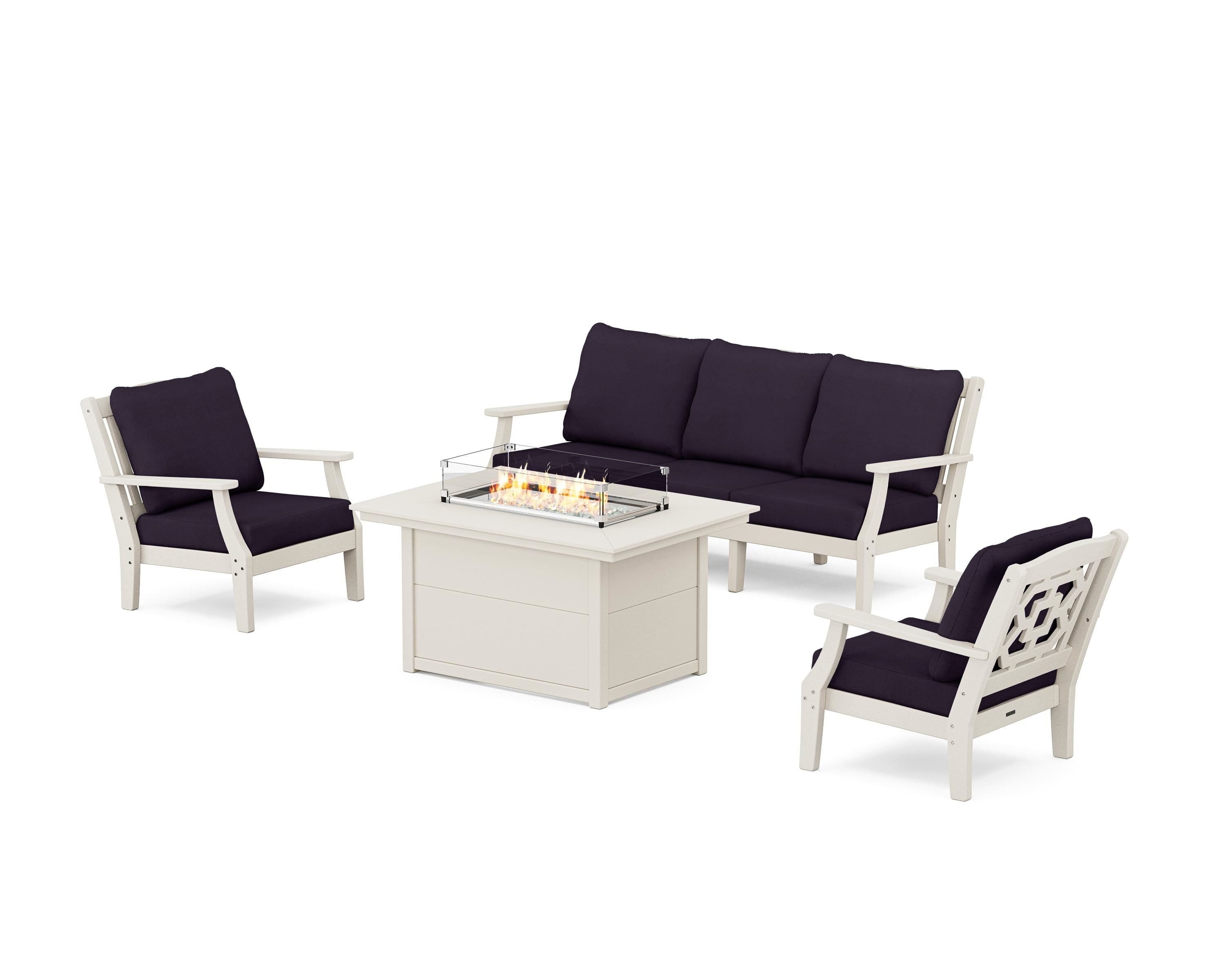 Martha Stewart by POLYWOOD Chinoiserie Deep Seating Fire Pit Table Set in Sand / Navy Linen