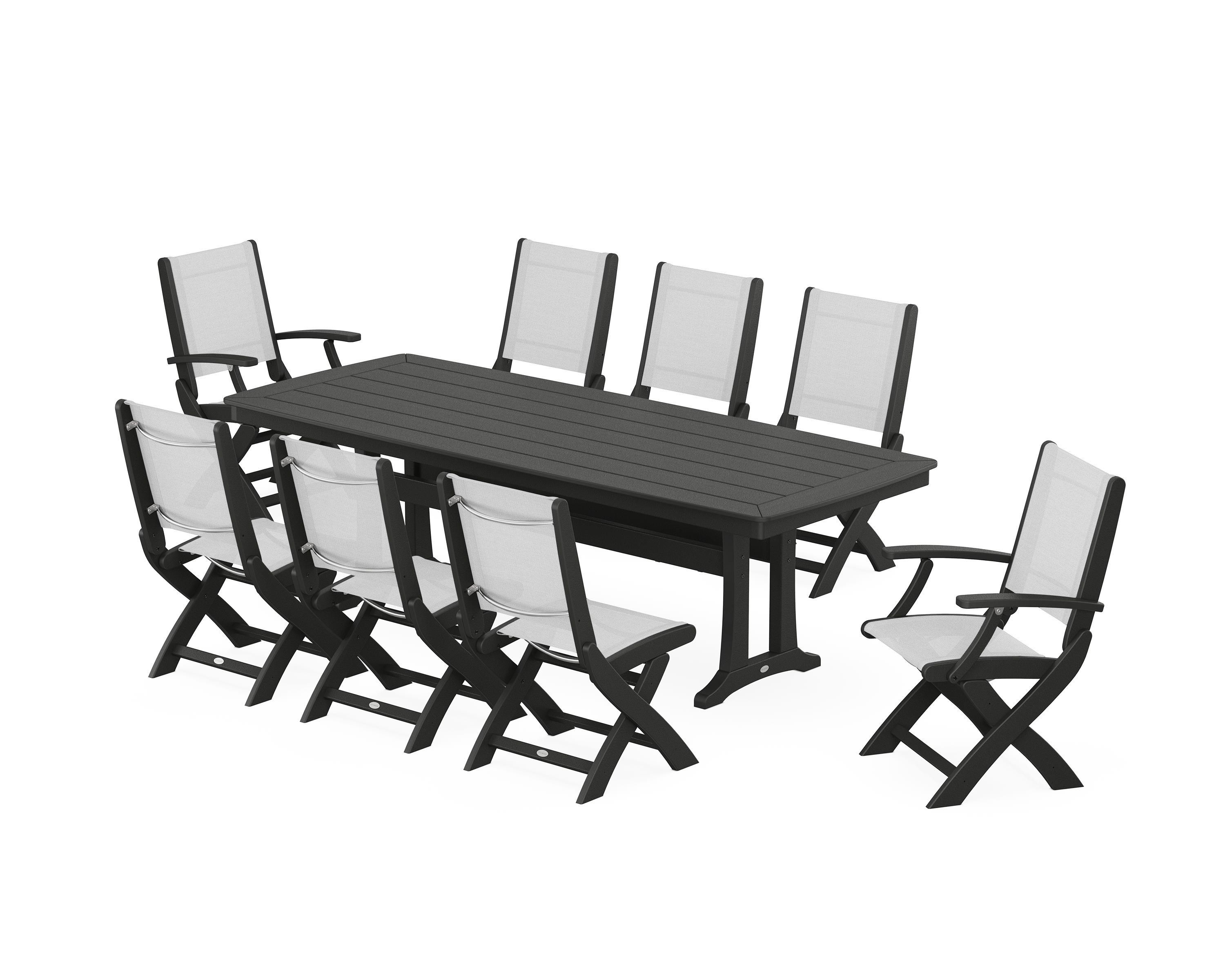 POLYWOOD Coastal Folding 9-Piece Dining Set with Trestle Legs in Black / White Sling