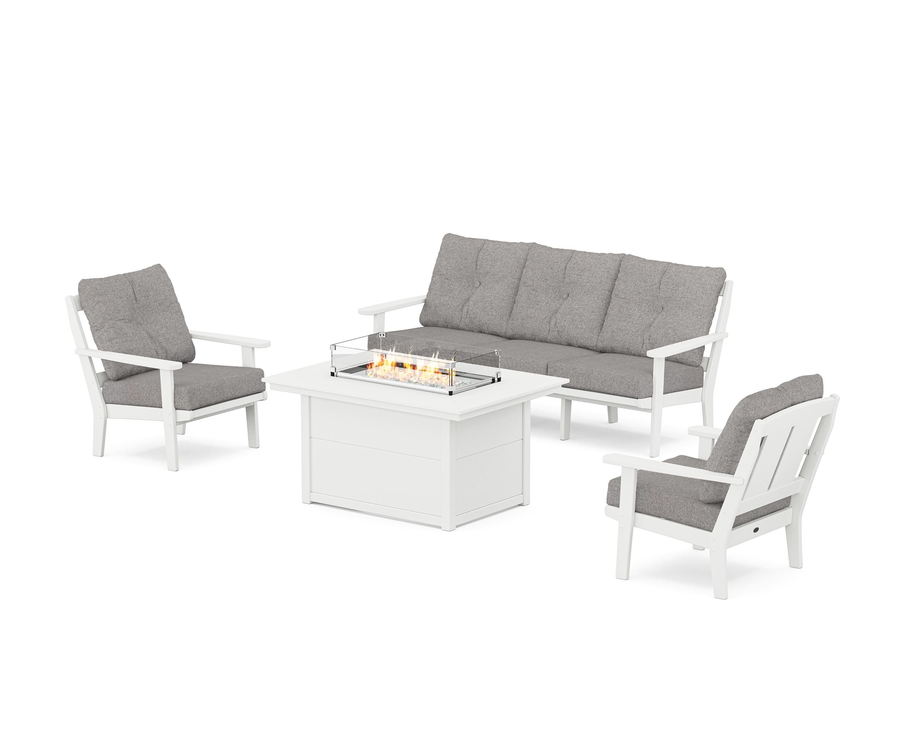 POLYWOOD Mission Deep Seating Fire Pit Table Set in White / Grey Mist