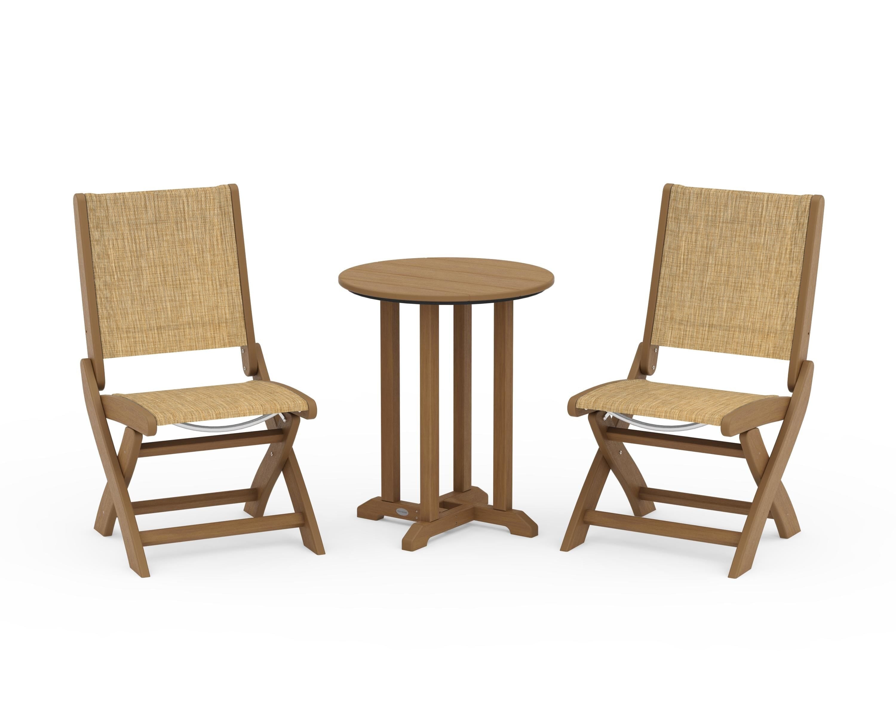 POLYWOOD Coastal Folding Side Chair 3-Piece Round Bistro Dining Set in Natural / Burlap Sling