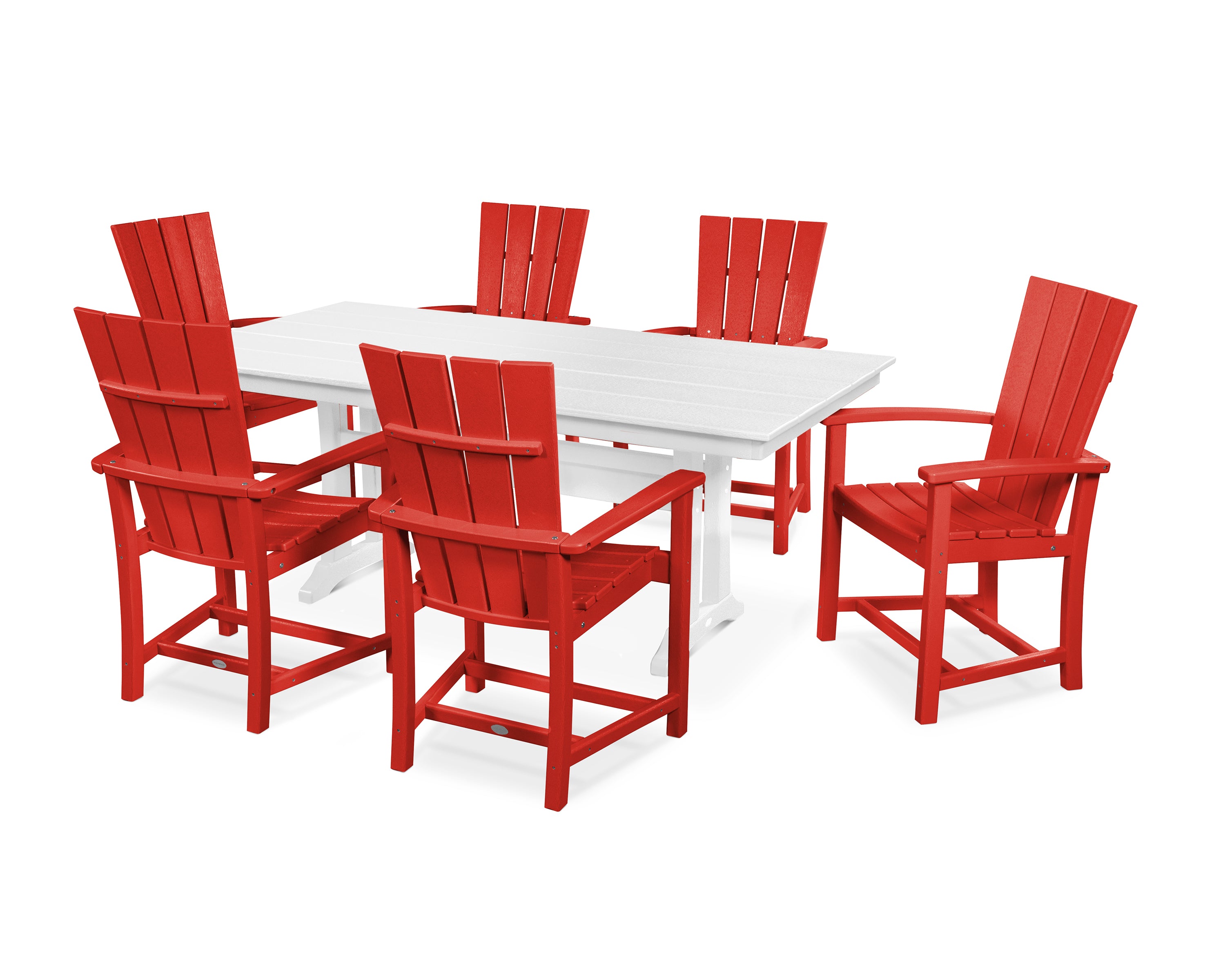 POLYWOOD® Quattro 7-Piece Farmhouse Dining Set with Trestle Legs in Sunset Red / White