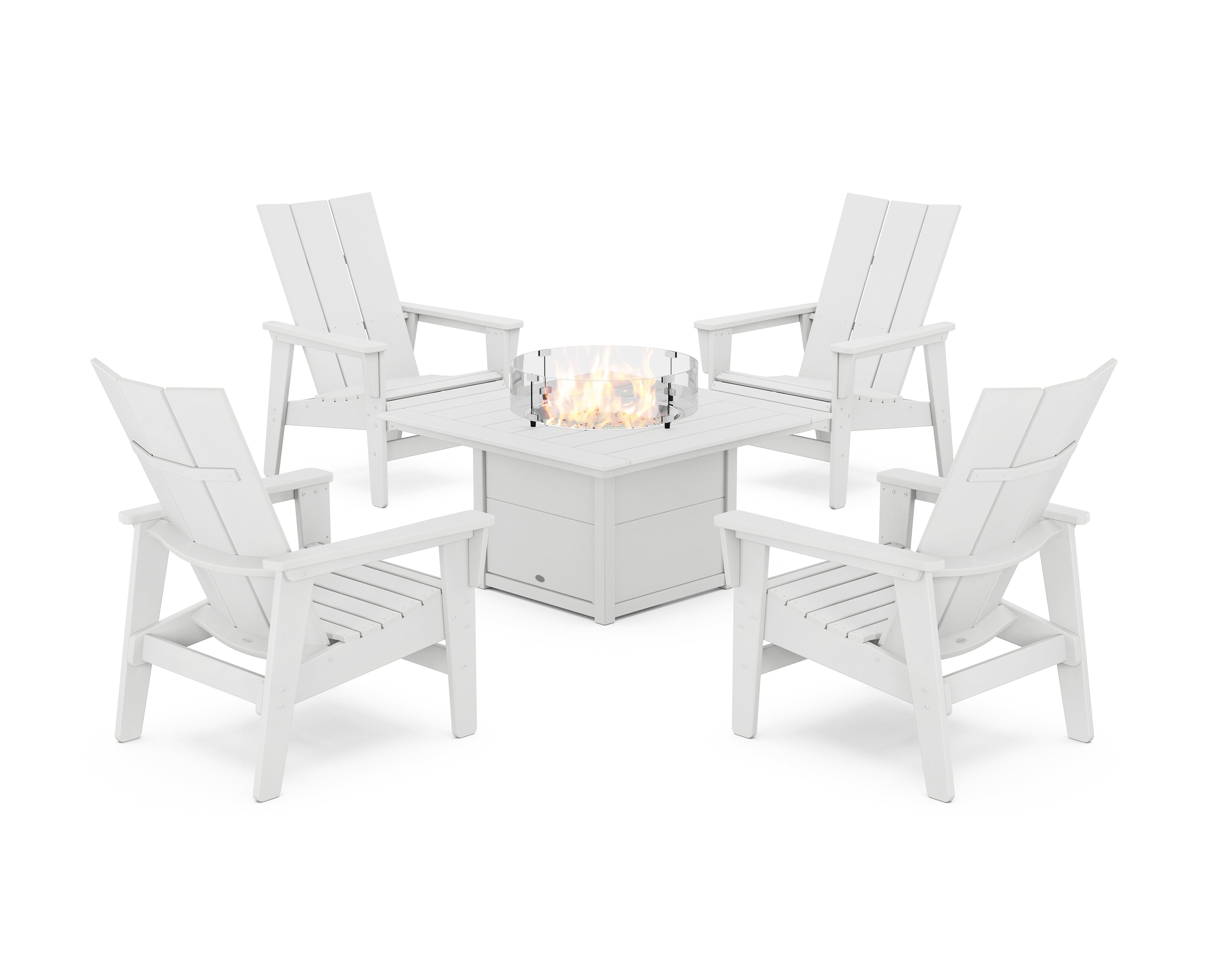 POLYWOOD 5-Piece Modern Grand Upright Adirondack Conversation Set with Fire Pit Table in White