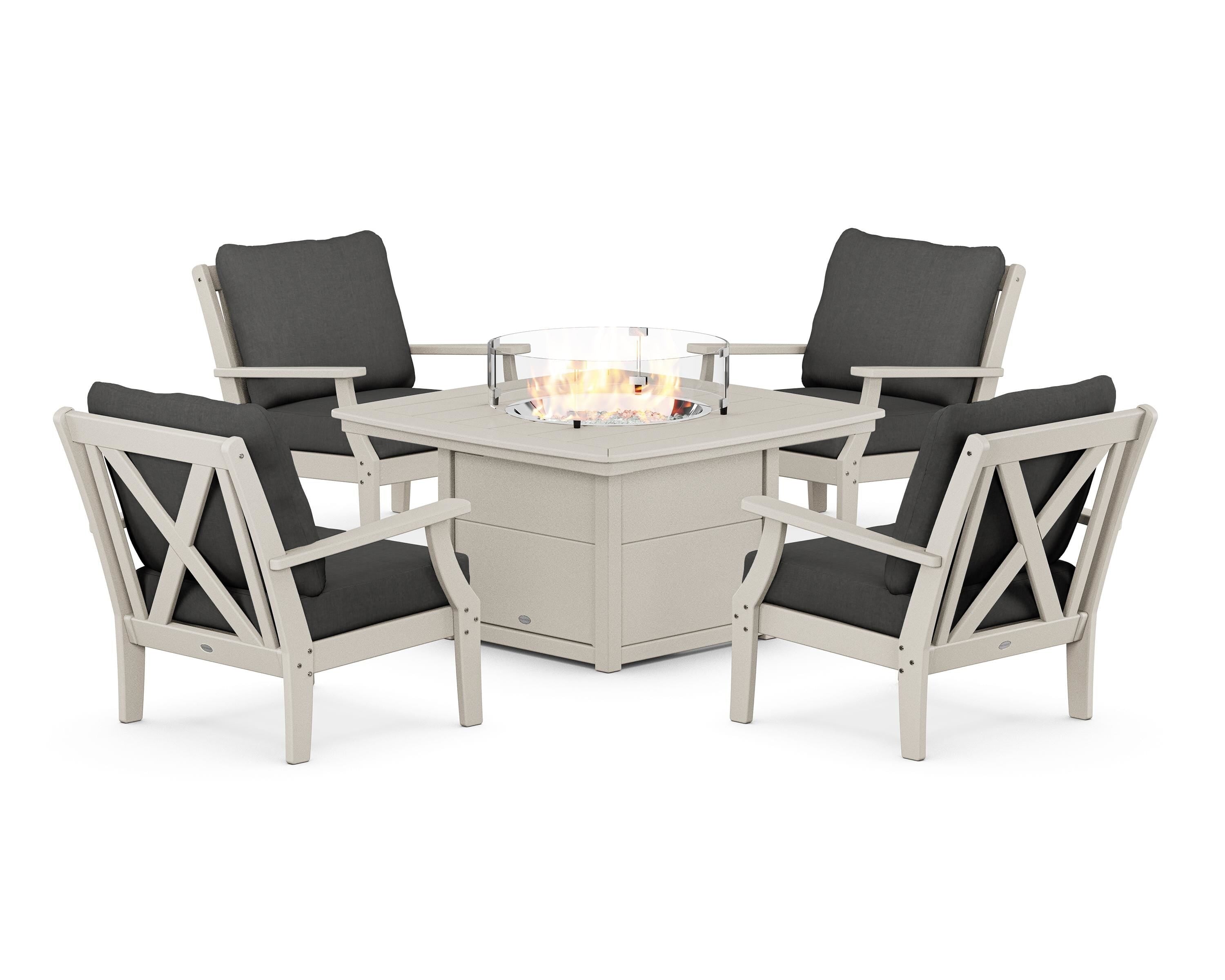 POLYWOOD Braxton 5-Piece Deep Seating Conversation Set with Fire Pit Table in Sand / Spectrum Carbon