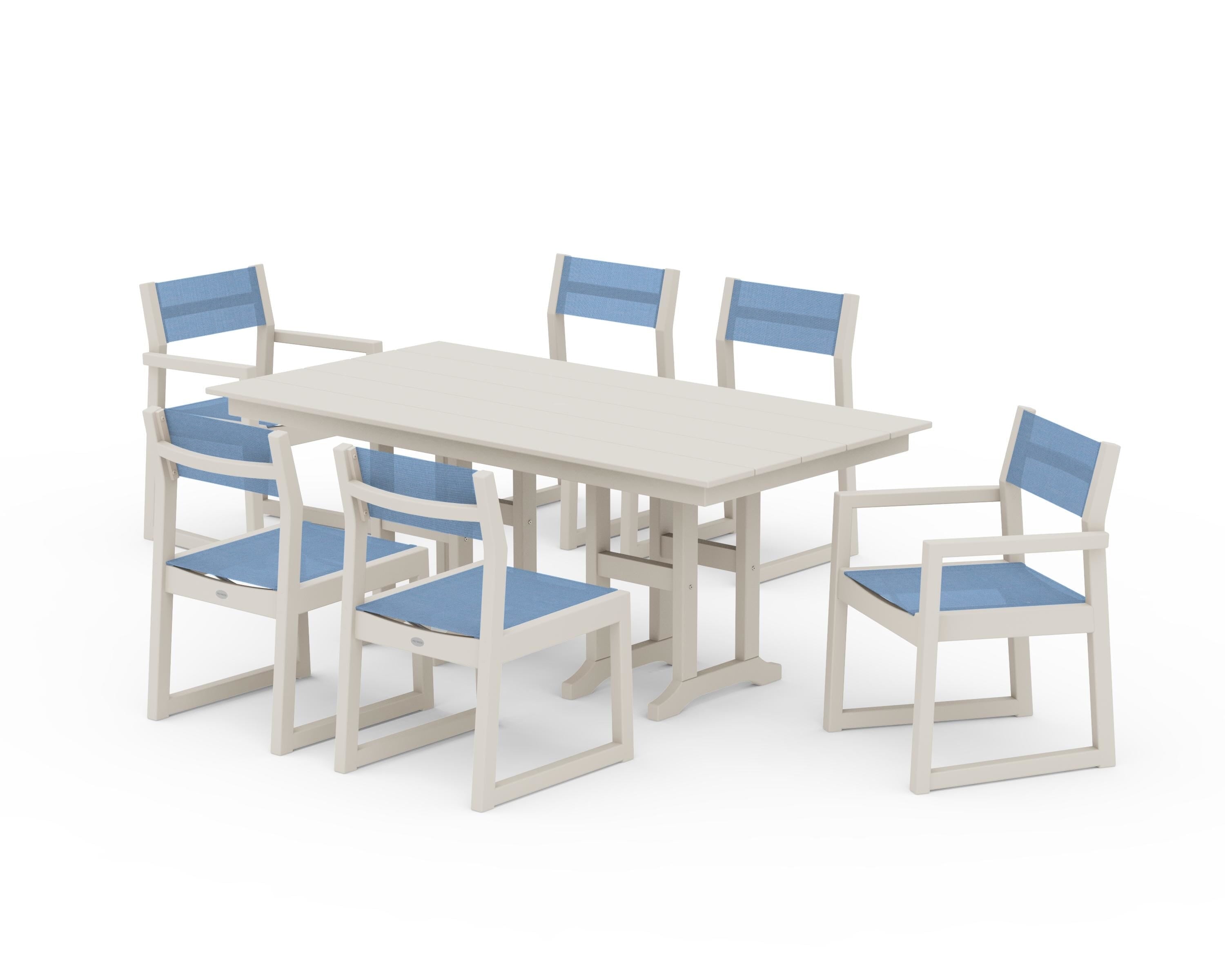 POLYWOOD EDGE Sling 7-Piece Farmhouse Dining Set in Sand / Poolside Sling