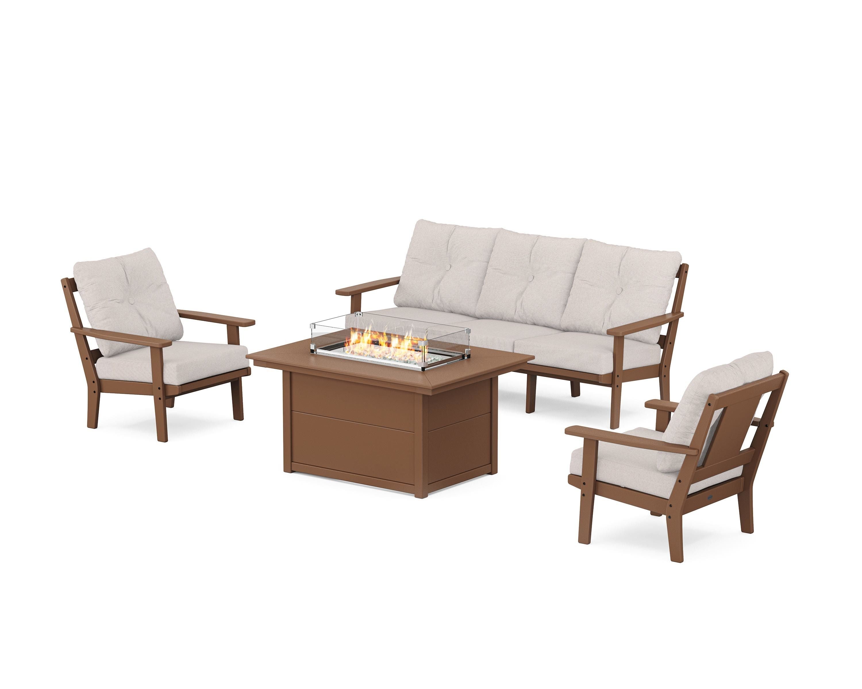 POLYWOOD Prairie Deep Seating Fire Pit Table Set in Teak / Dune Burlap