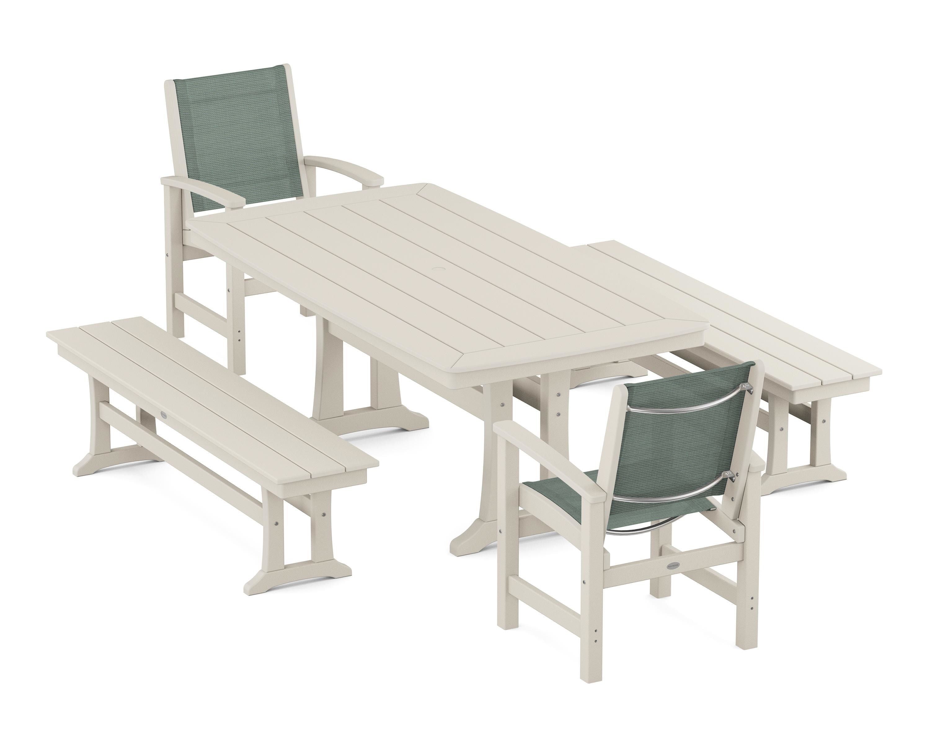 POLYWOOD Coastal 5-Piece Dining Set with Trestle Legs and Benches in Sand / Dupioni Sea Mist Sling