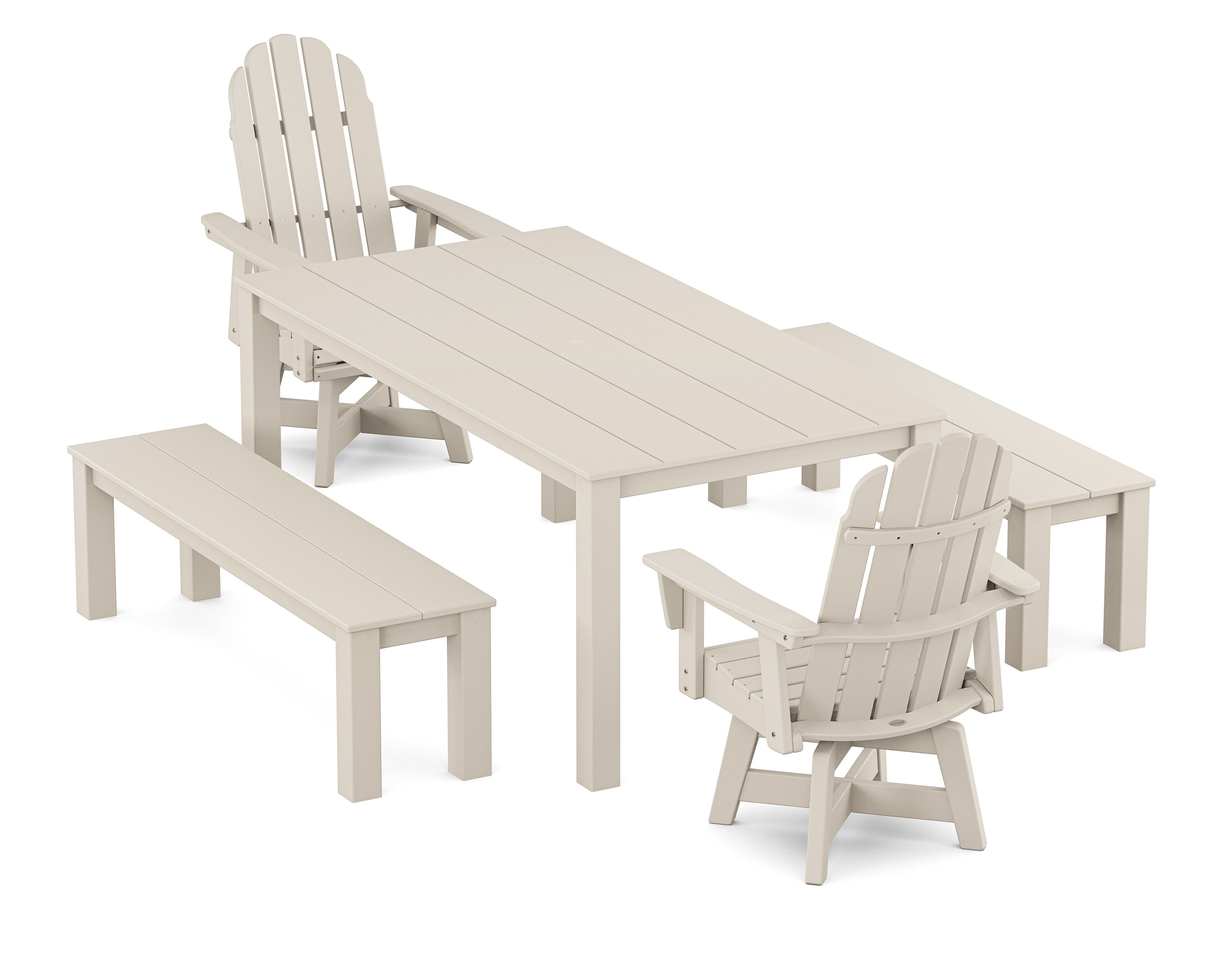 POLYWOOD® Vineyard Curveback Adirondack 5-Piece Parsons Swivel Dining Set with Benches in Sand