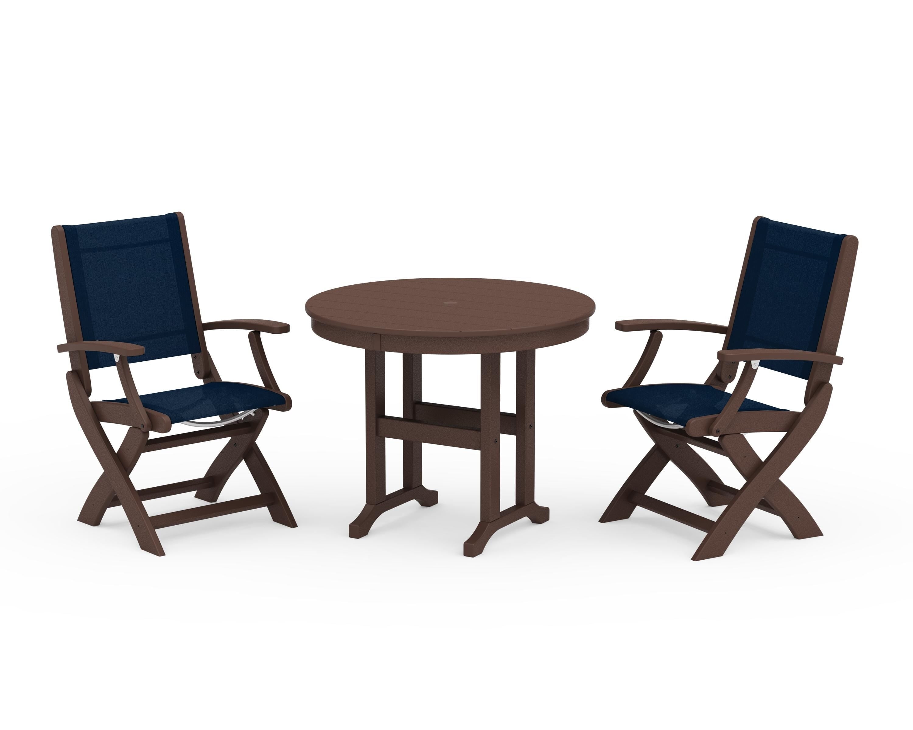 POLYWOOD Coastal Folding Chair 3-Piece Round Dining Set in Mahogany / Navy Blue Sling