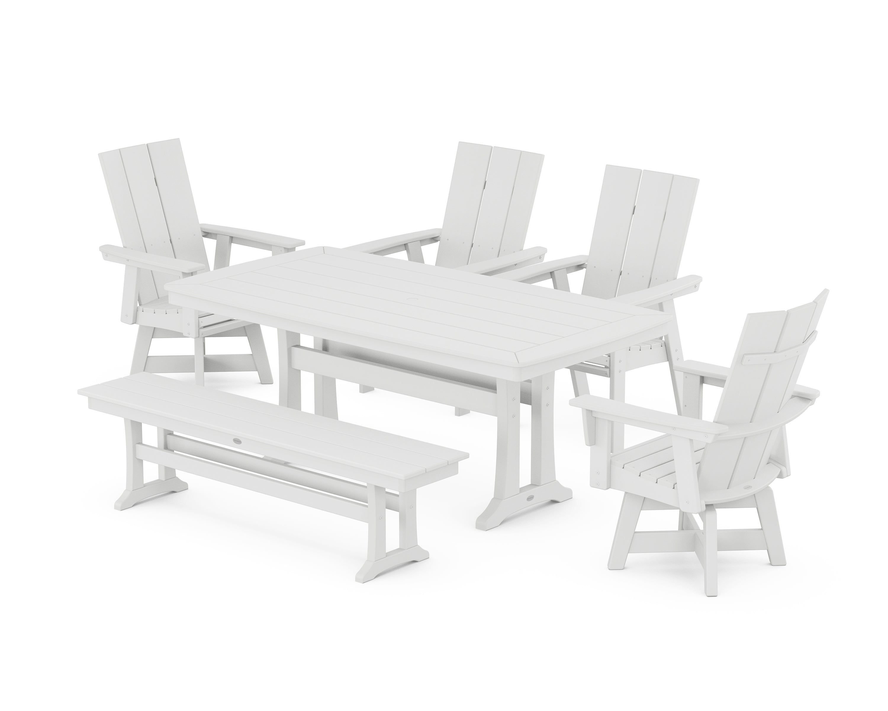 POLYWOOD® Modern Curveback Adirondack Swivel Chair 6-Piece Dining Set with Trestle Legs and Bench in White