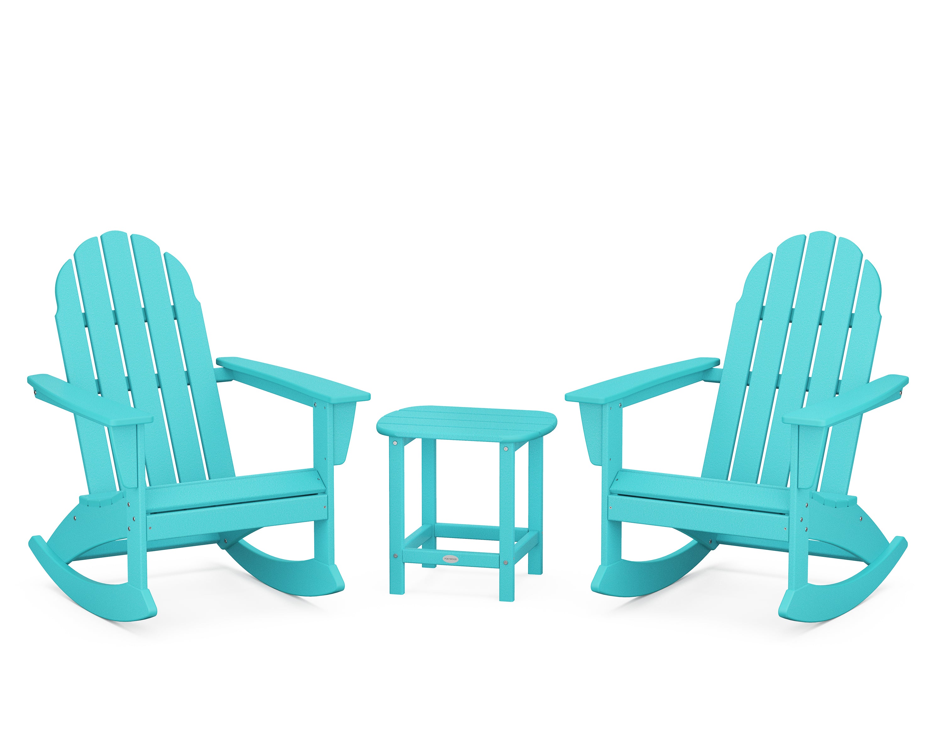POLYWOOD® Vineyard 3-Piece Adirondack Rocking Chair Set with South Beach 18" Side Table in Aruba