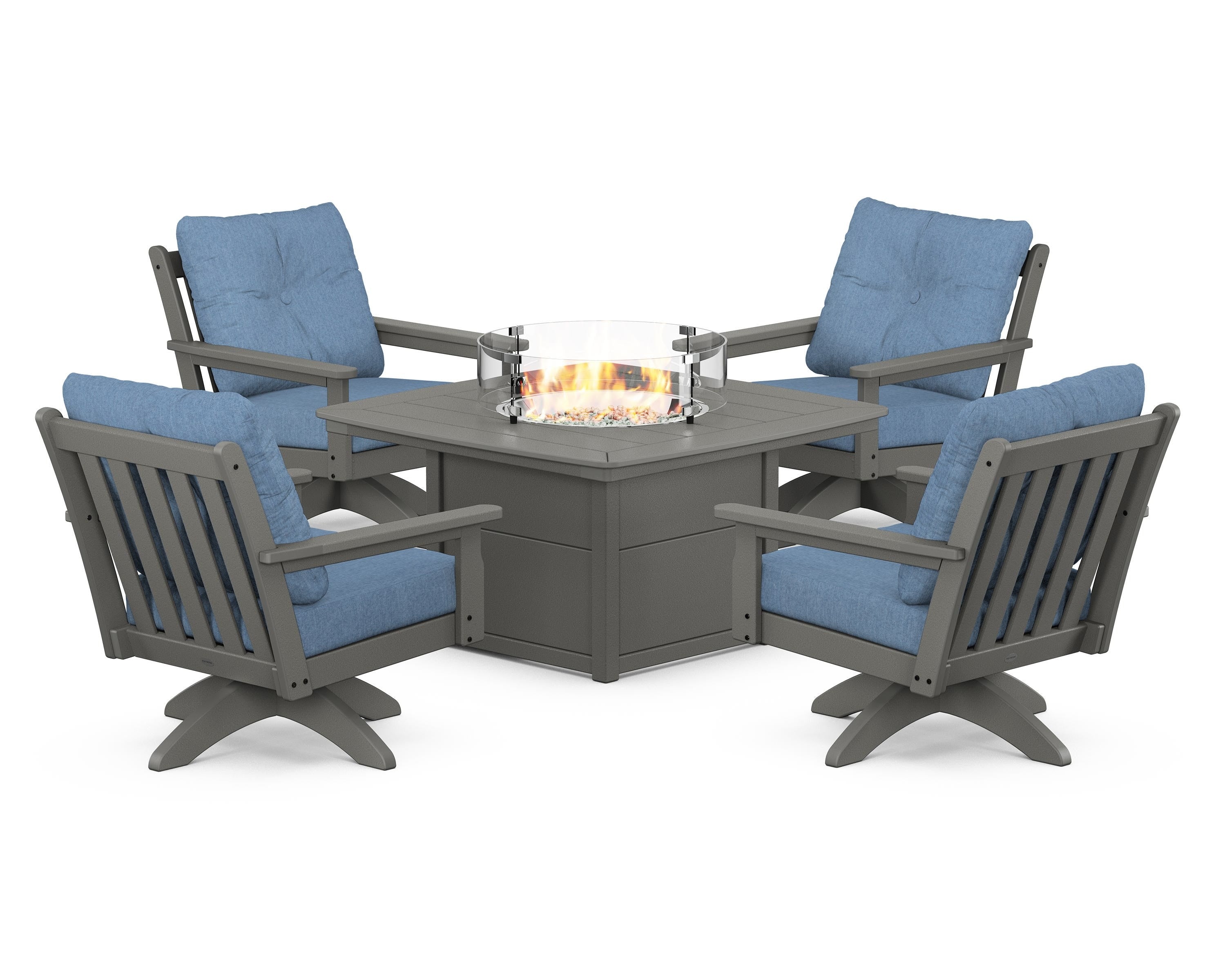 POLYWOOD Vineyard 5-Piece Deep Seating Swivel Conversation Set with Fire Pit Table in Slate Grey / Sky Blue