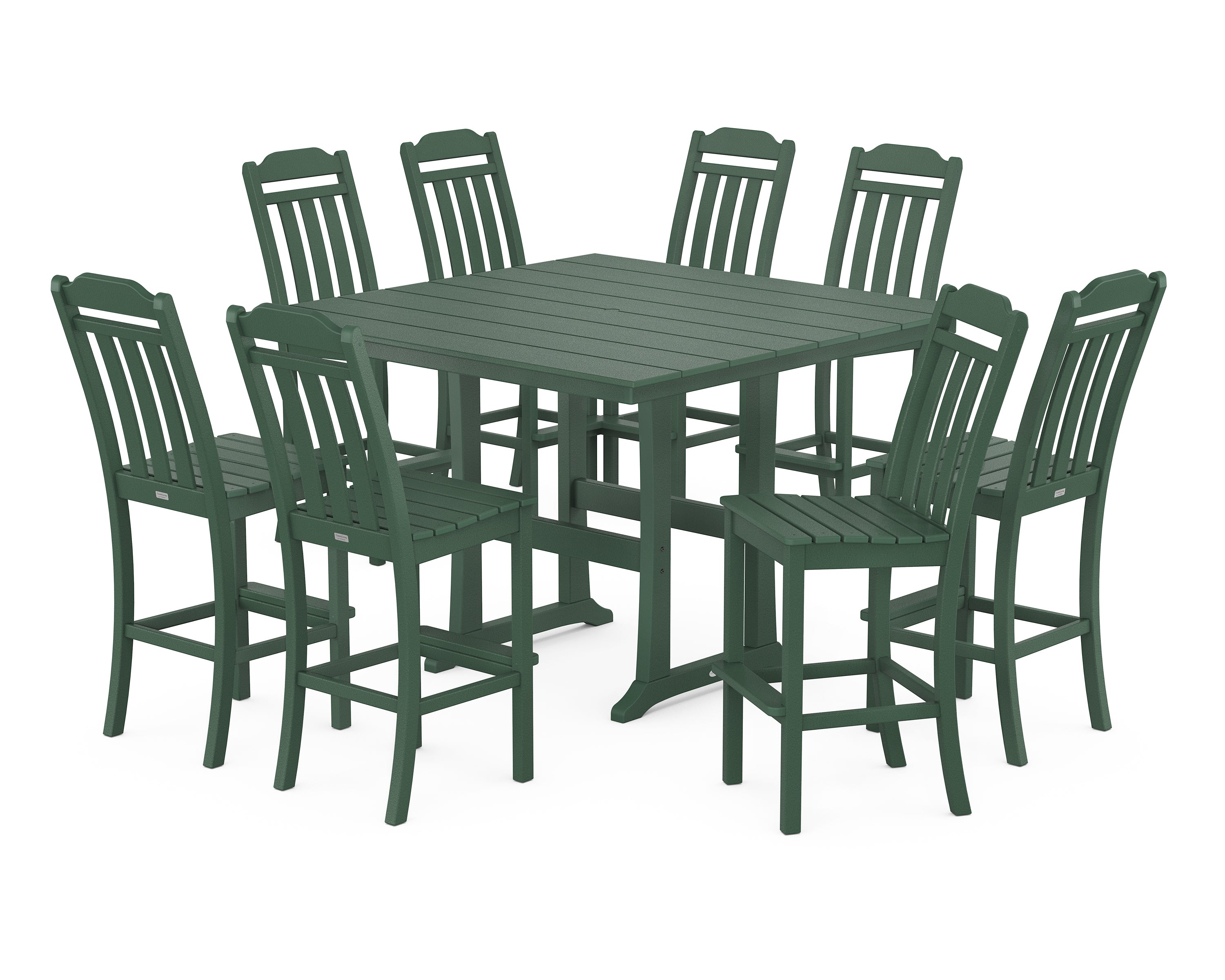 POLYWOOD Country Living 9-Piece Square Farmhouse Side Chair Bar Set with Trestle Legs in Green