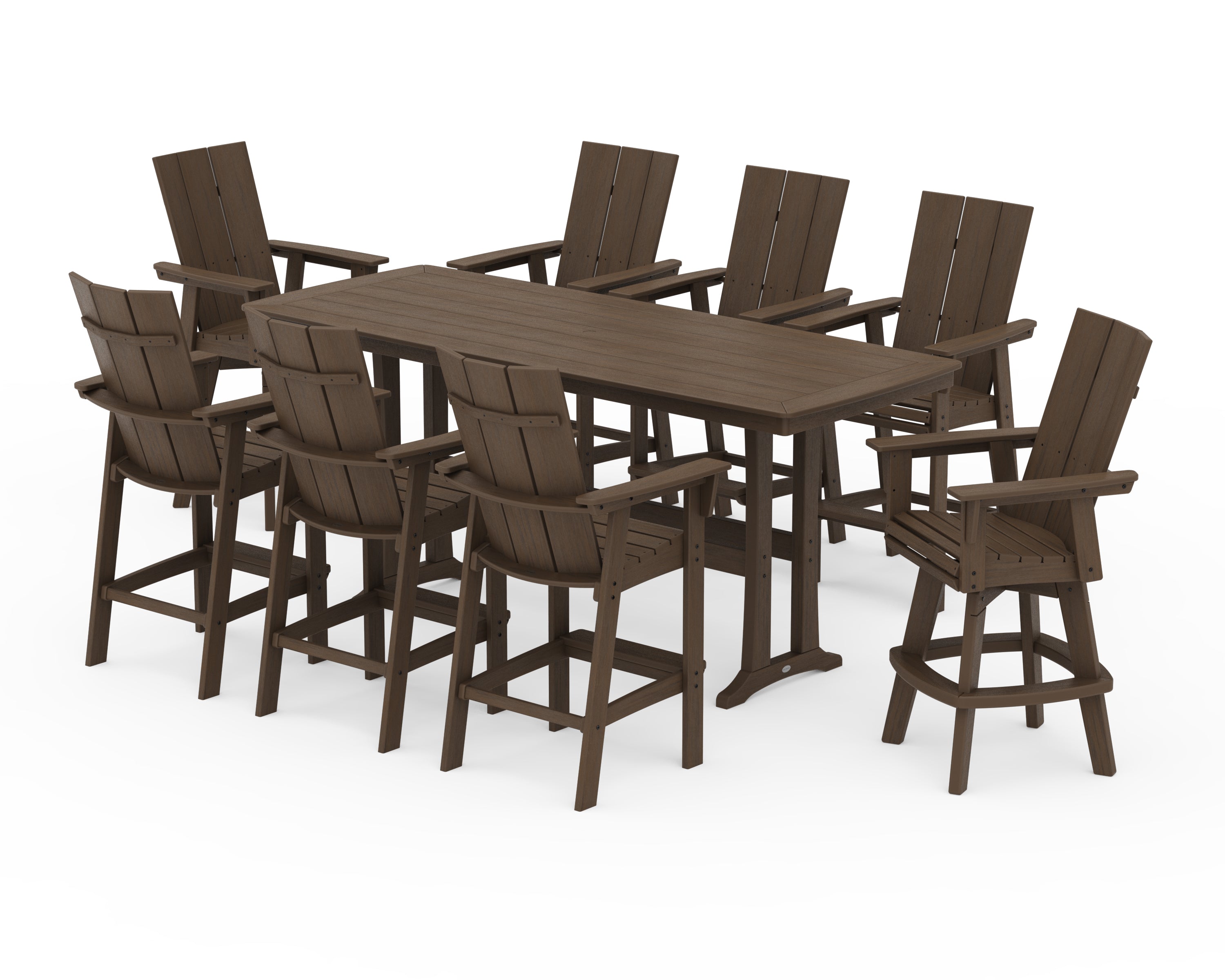 POLYWOOD Modern Curveback Adirondack Swivel 9-Piece Bar Set with Trestle Legs in Kona
