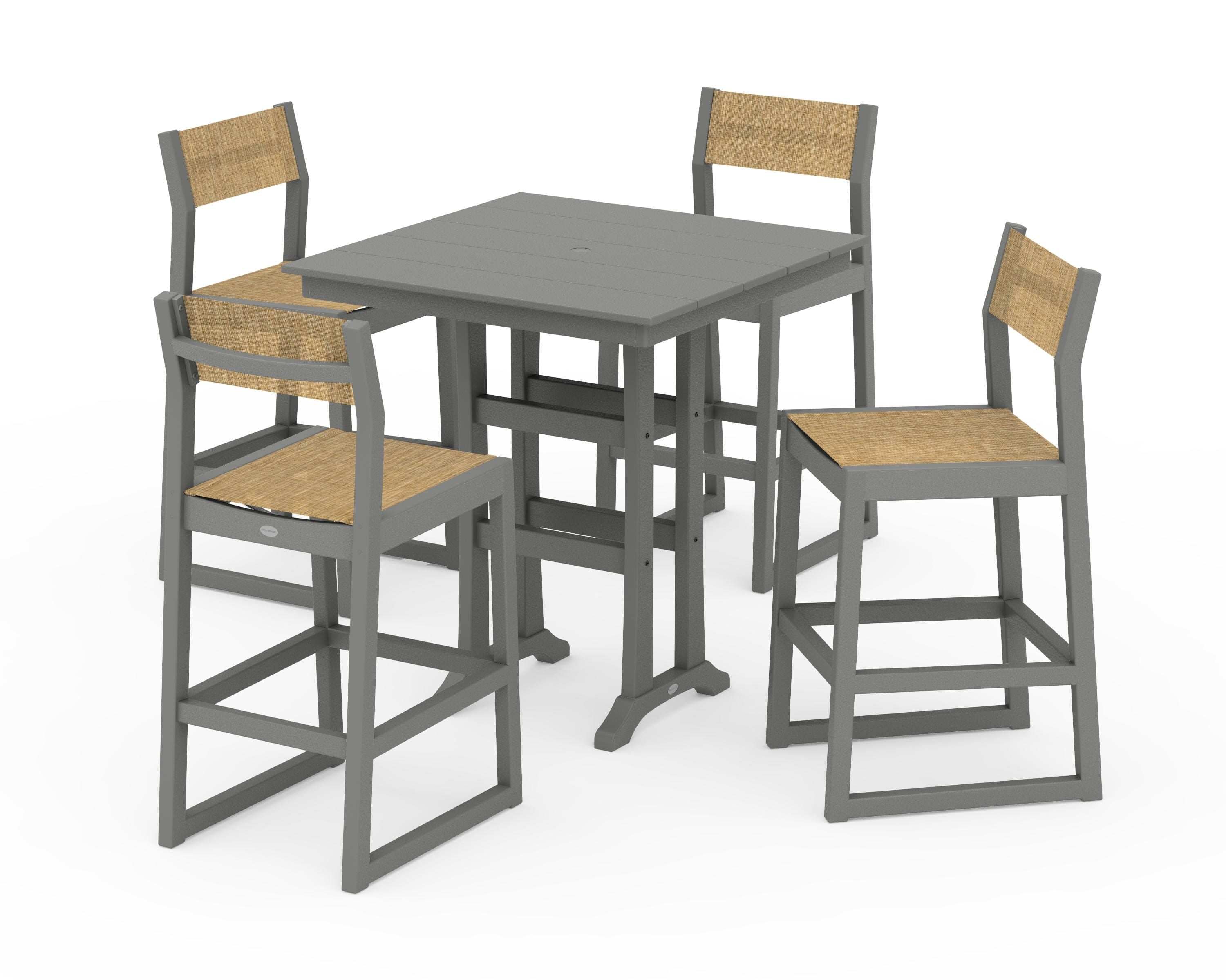 POLYWOOD EDGE Sling Arm Chair 5-Piece Farmhouse Bar Set with Trestle Legs in Slate Grey / Burlap Sling