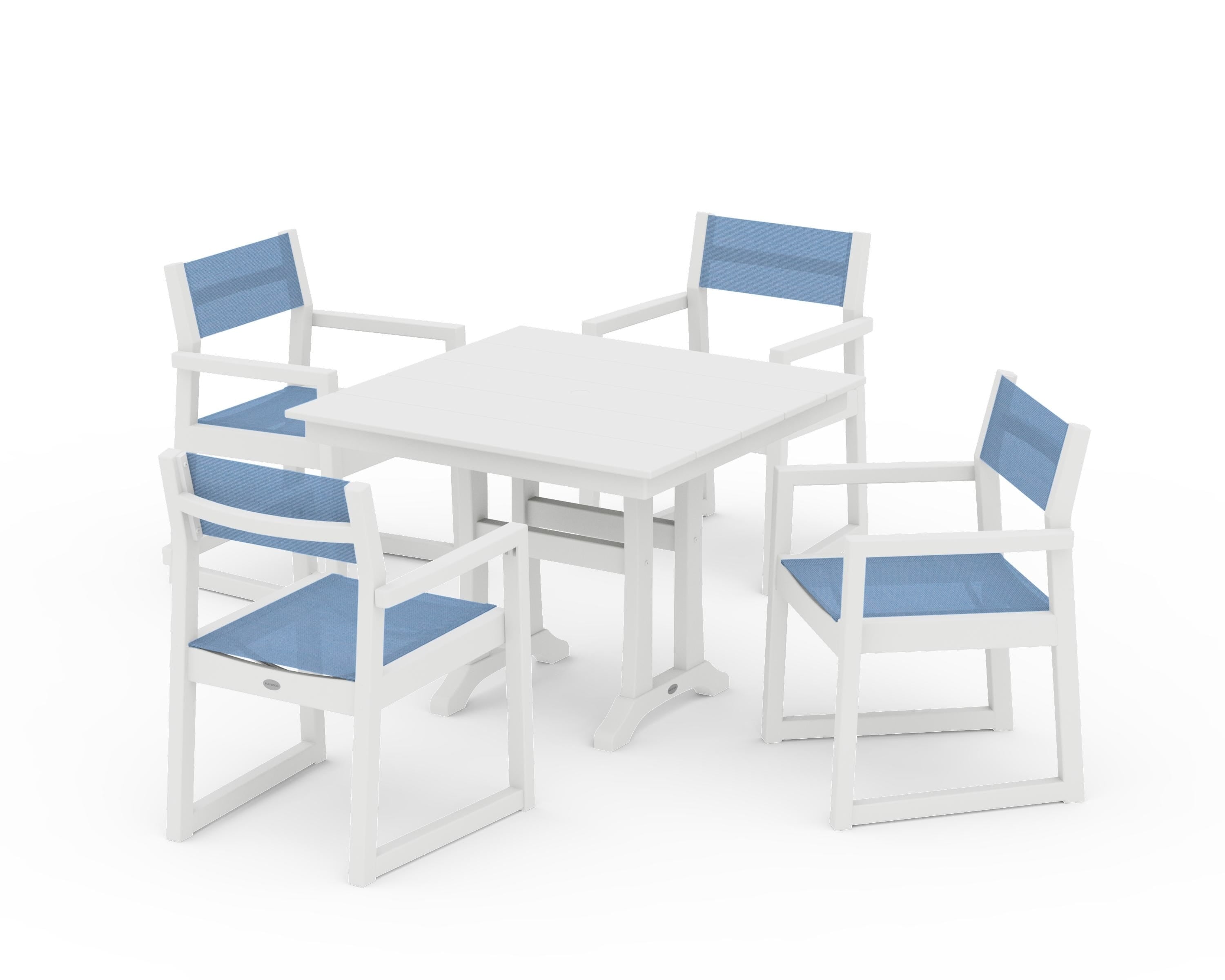 POLYWOOD EDGE Sling 5-Piece Farmhouse Dining Set with Trestle Legs in White / Poolside Sling