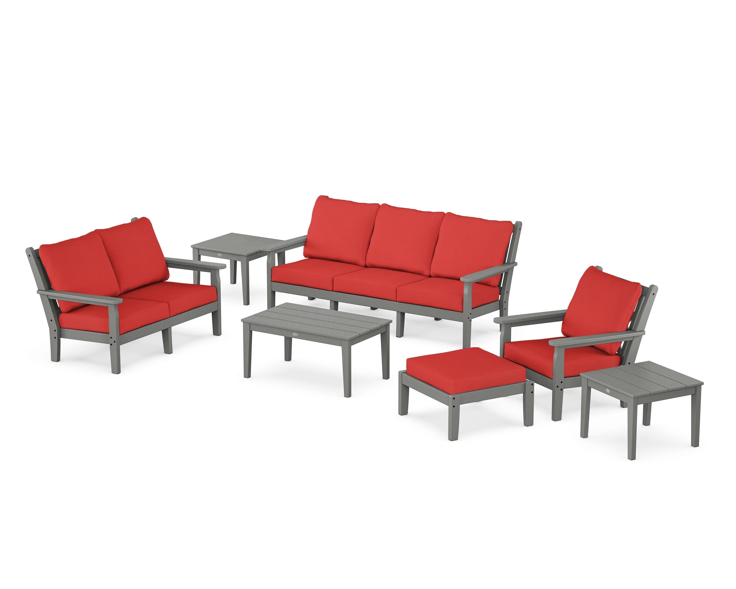 POLYWOOD Chippendale 7-Piece Deep Seating Set in Slate Grey / Crimson Linen