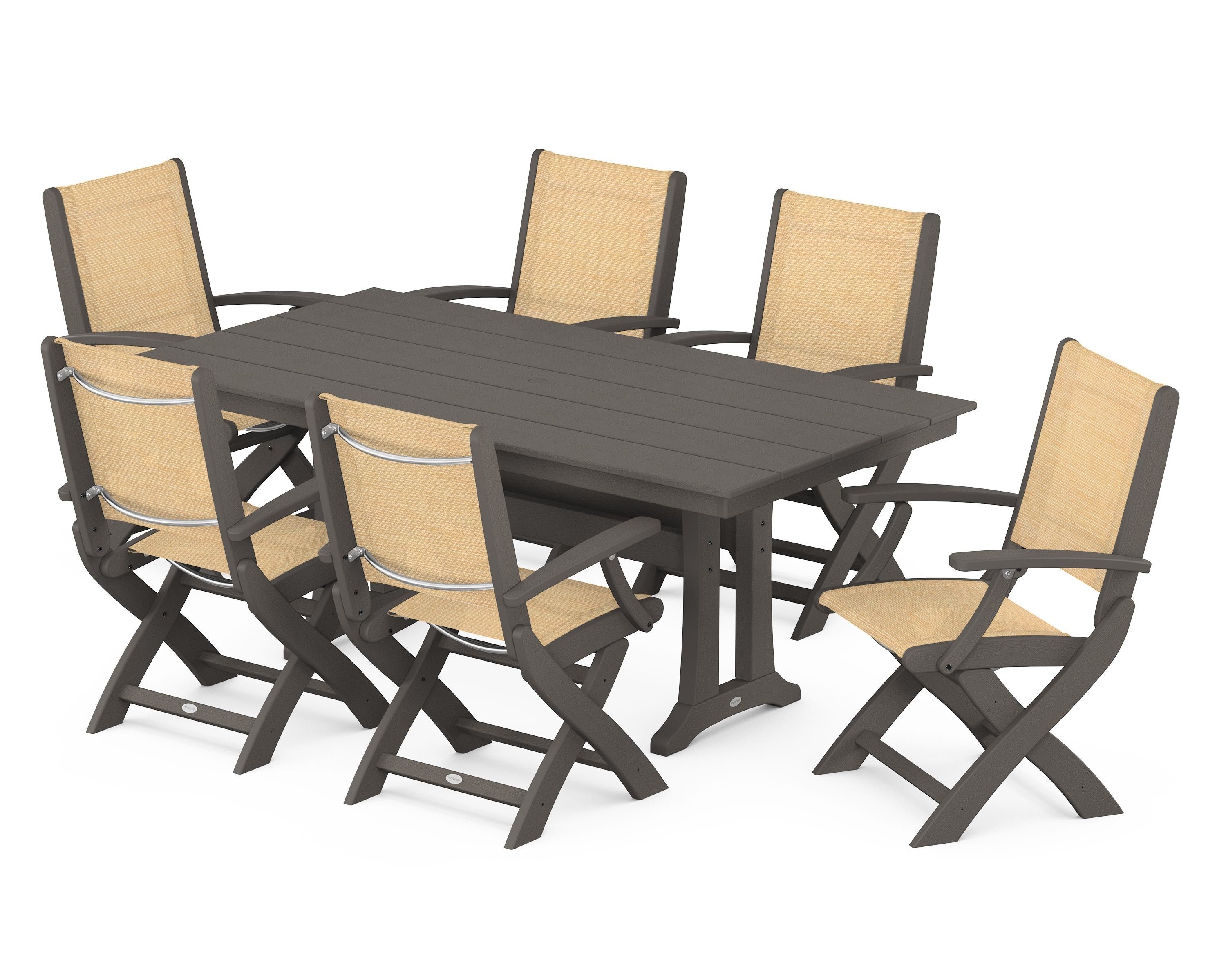 POLYWOOD Coastal Folding Arm Chair 7-Piece Farmhouse Dining Set with Trestle Legs in Vintage Coffee / Dupioni Apricot Sling