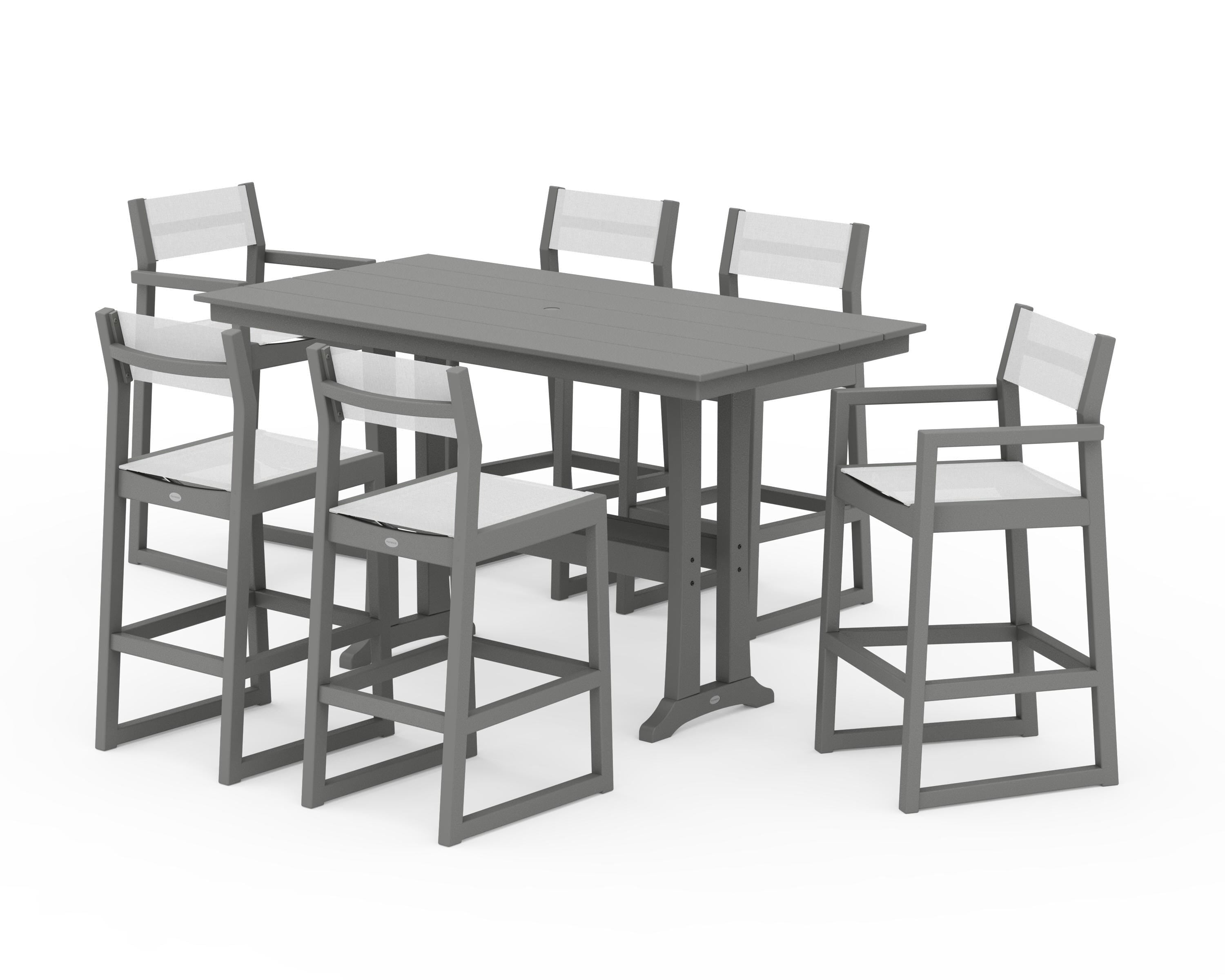 POLYWOOD EDGE Sling 7-Piece Farmhouse Bar Set with Trestle Legs in Slate Grey / White Sling