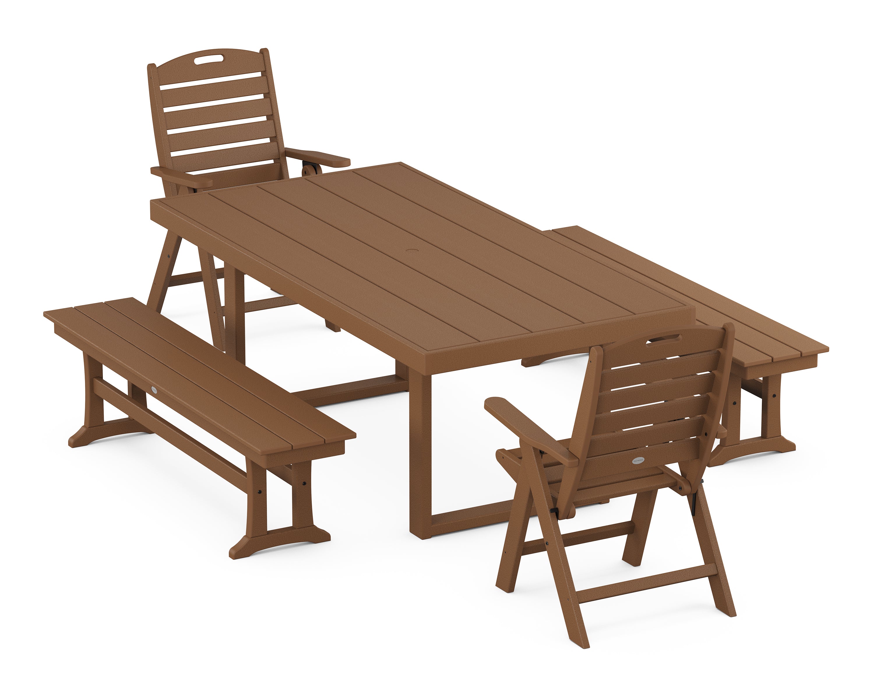 POLYWOOD Nautical Folding Highback 5-Piece Dining Set with Trestle Legs in Teak