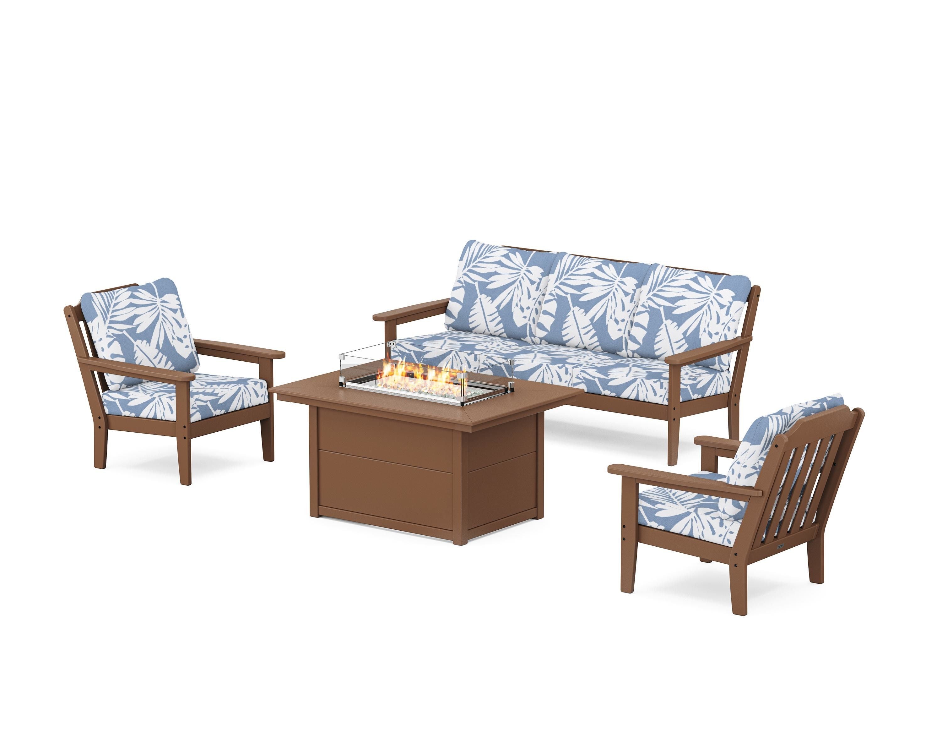 Country Living Cottage Deep Seating Fire Pit Table Set in Teak / Leaf Sky Blue