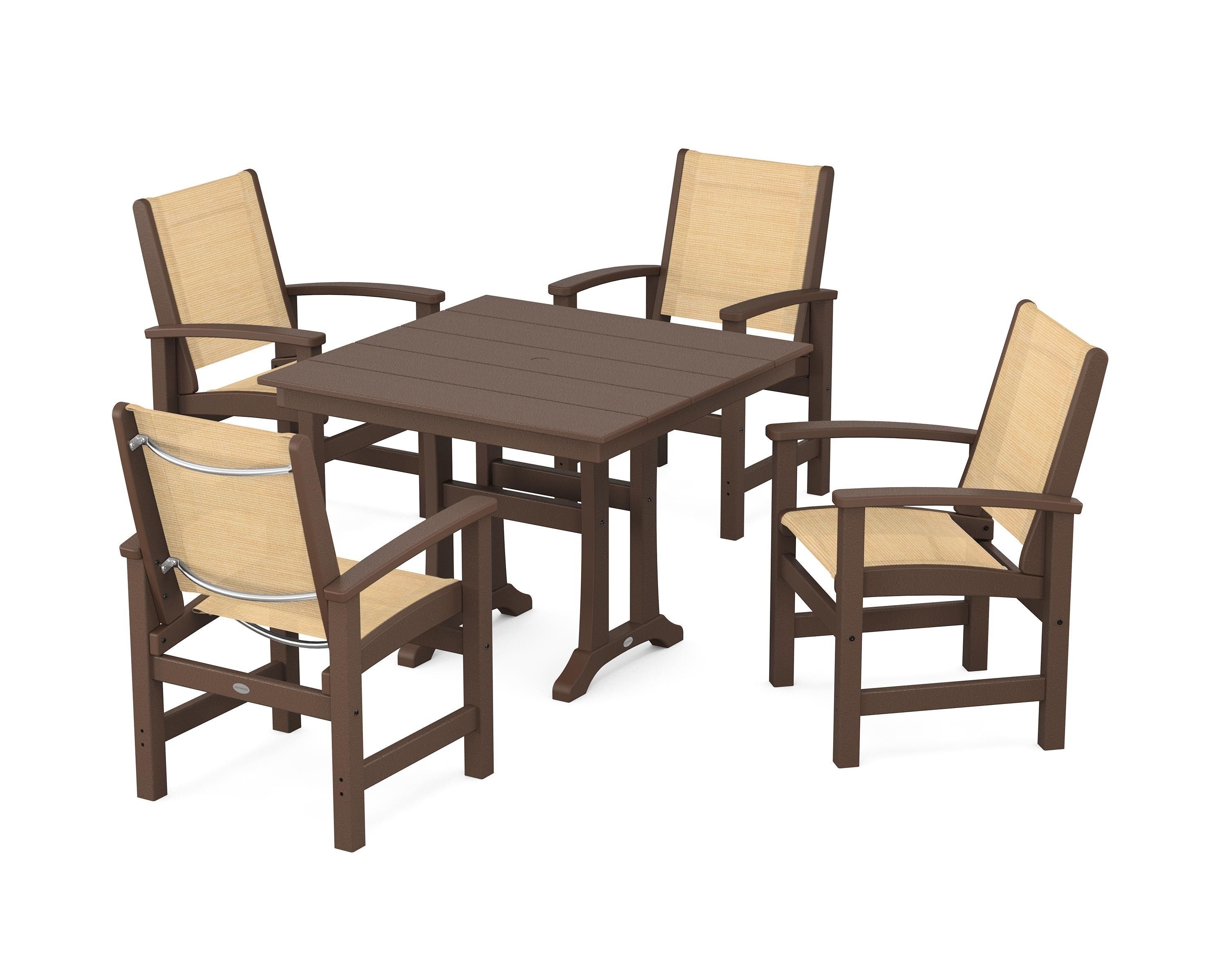 POLYWOOD Coastal 5-Piece Farmhouse Dining Set With Trestle Legs in Mahogany / Dupioni Apricot Sling