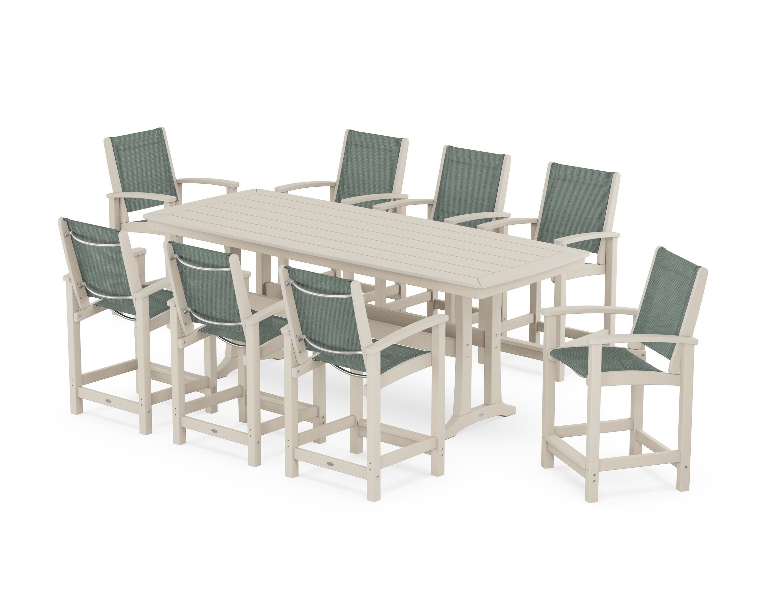 POLYWOOD Coastal 9-Piece Counter Set with Trestle Legs in Sand / Dupioni Sea Mist Sling
