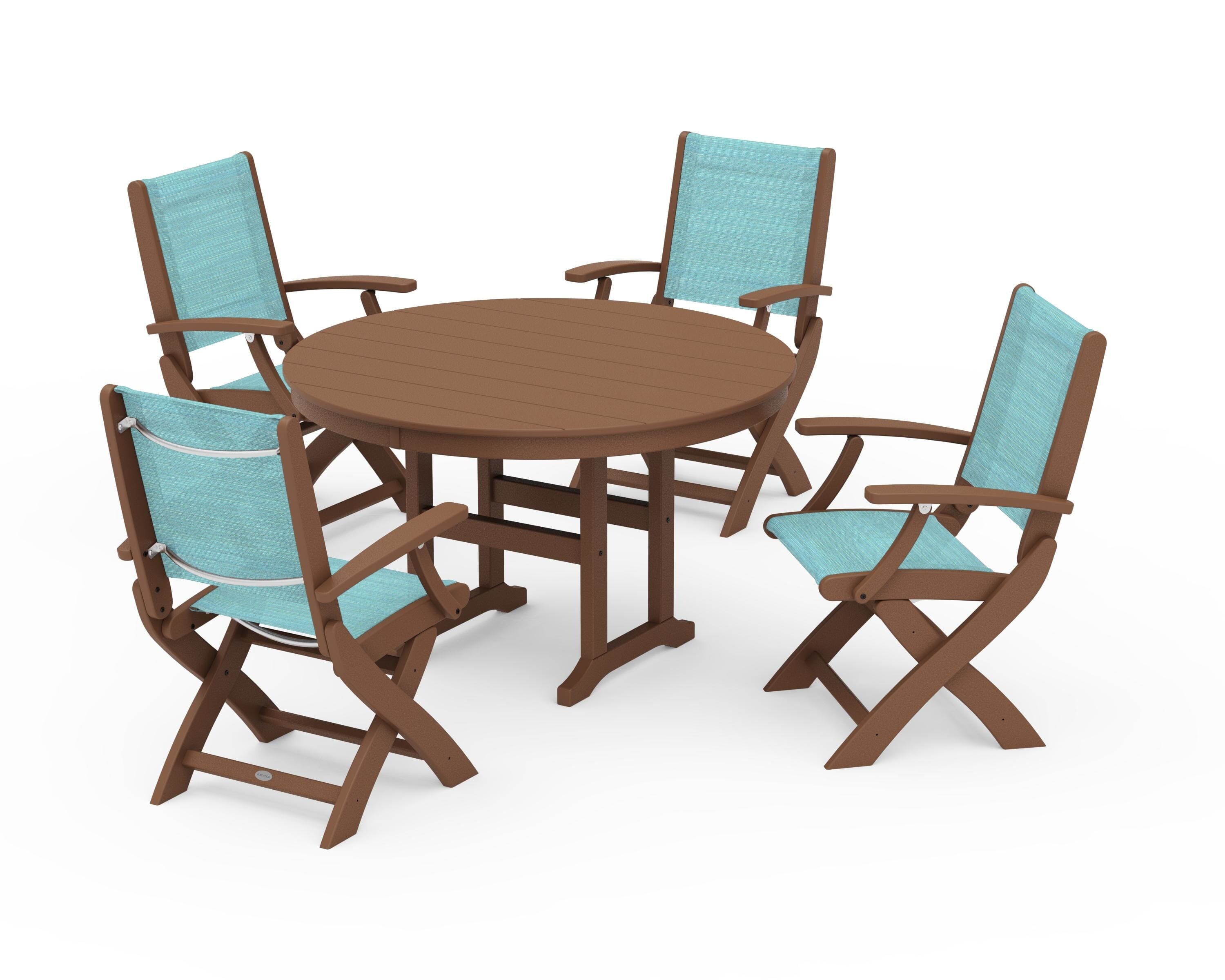 POLYWOOD Coastal Folding Chair 5-Piece Round Dining Set in Teak / Dupioni Aquamarine Sling