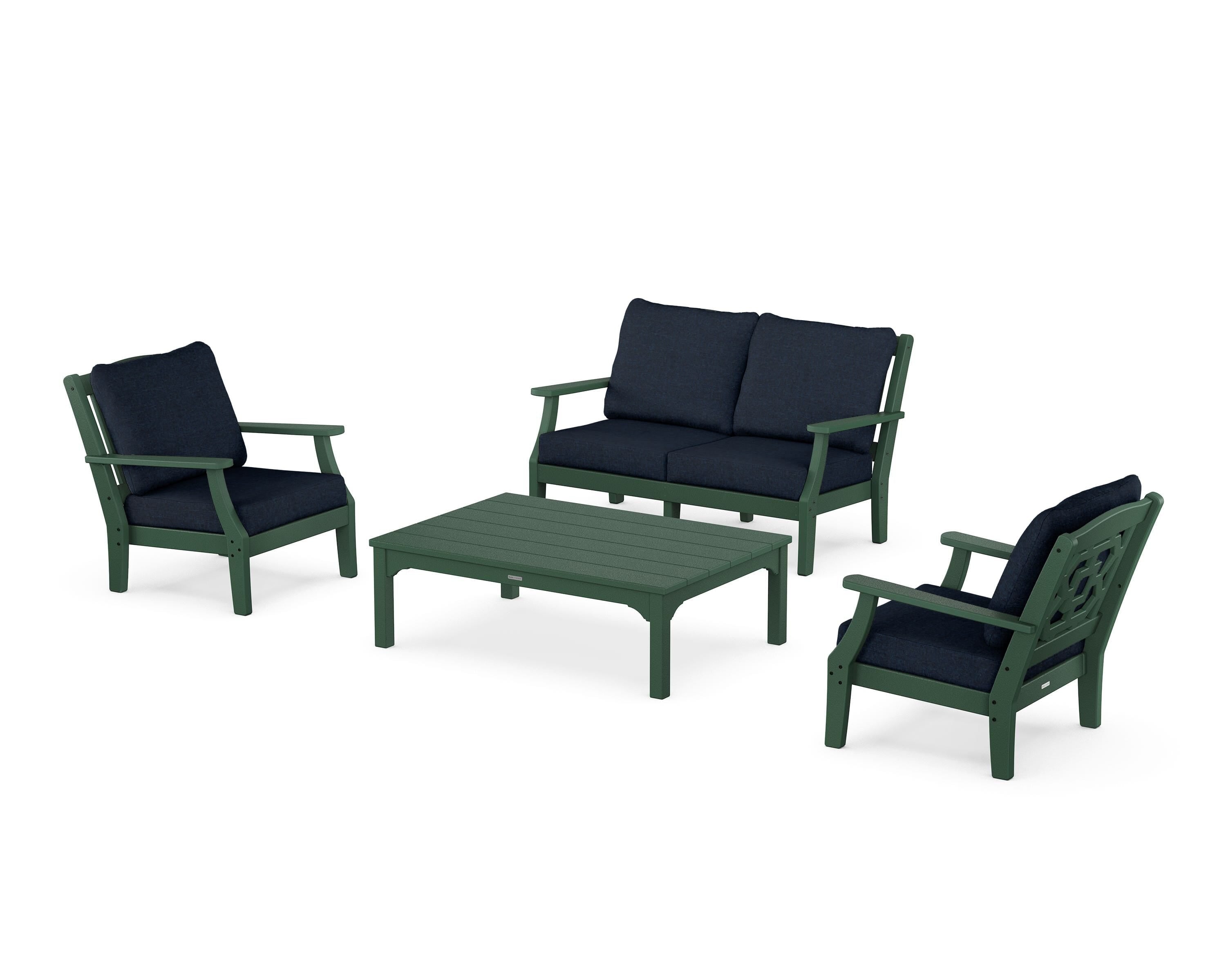 Martha Stewart by POLYWOOD Chinoiserie 4-Piece Deep Seating Set with Loveseat in Green / Marine Indigo