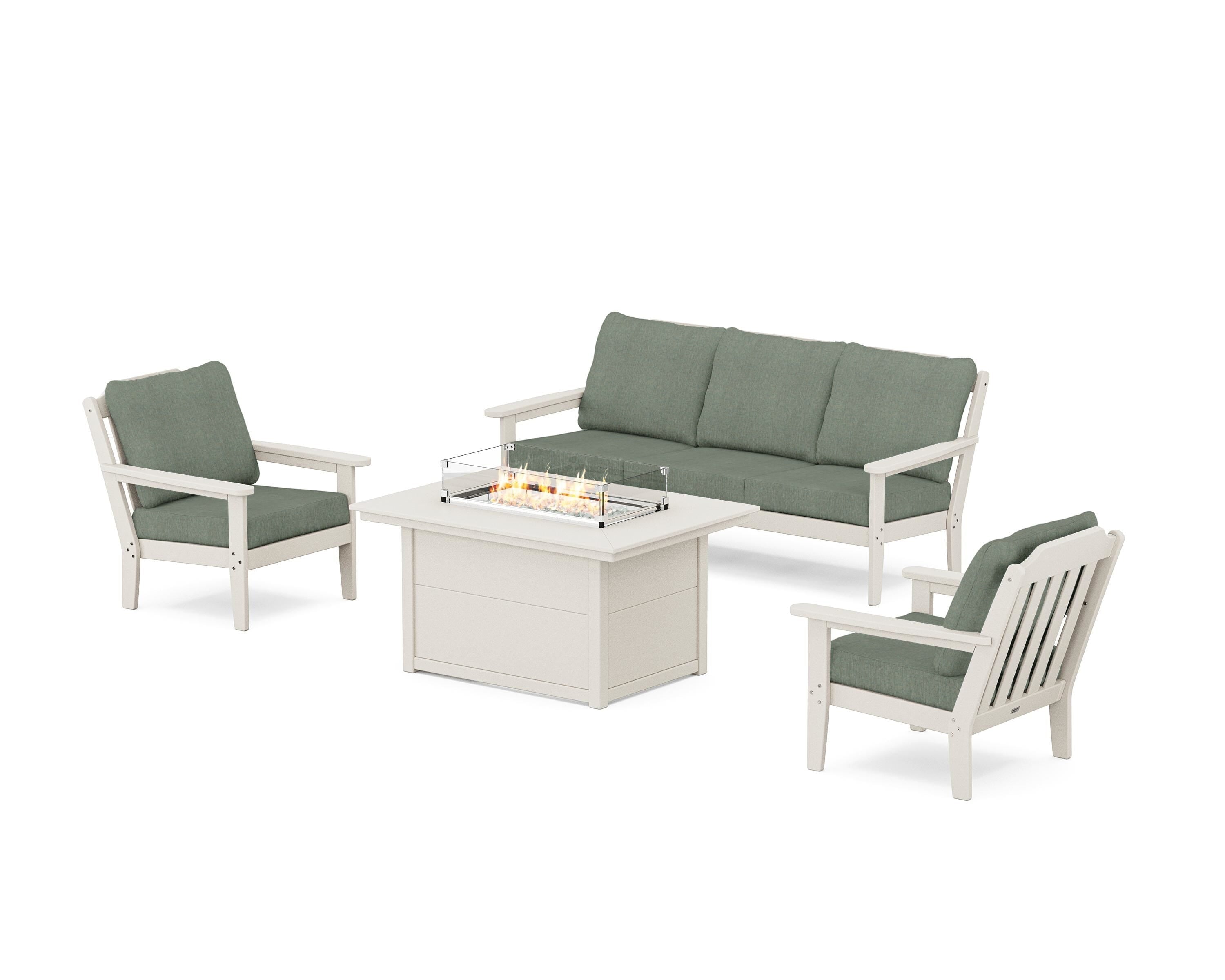 Country Living Cottage Deep Seating Fire Pit Table Set in Sand / Cast Sage