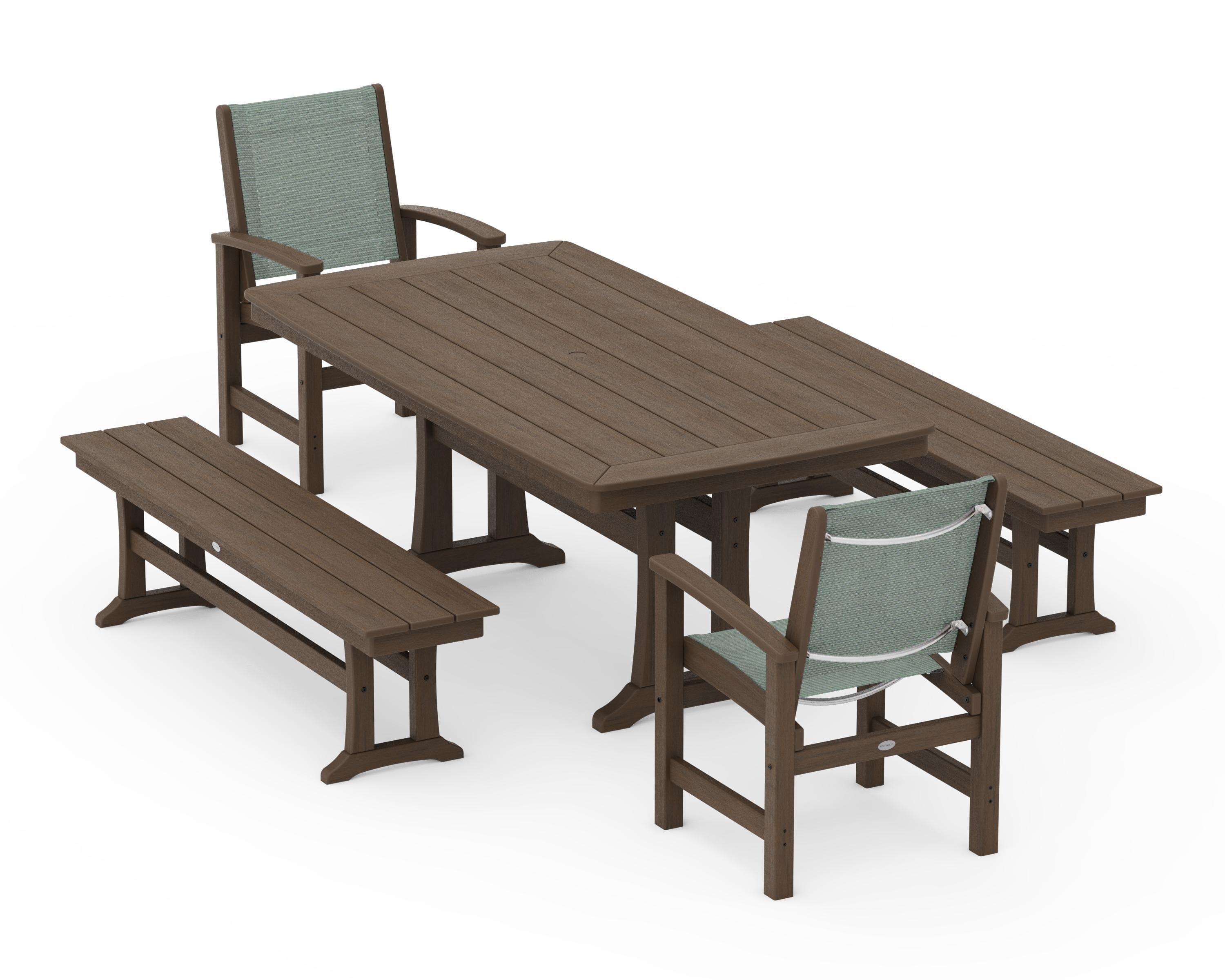 POLYWOOD Coastal 5-Piece Dining Set with Trestle Legs and Benches in Kona / Dupioni Sea Mist Sling