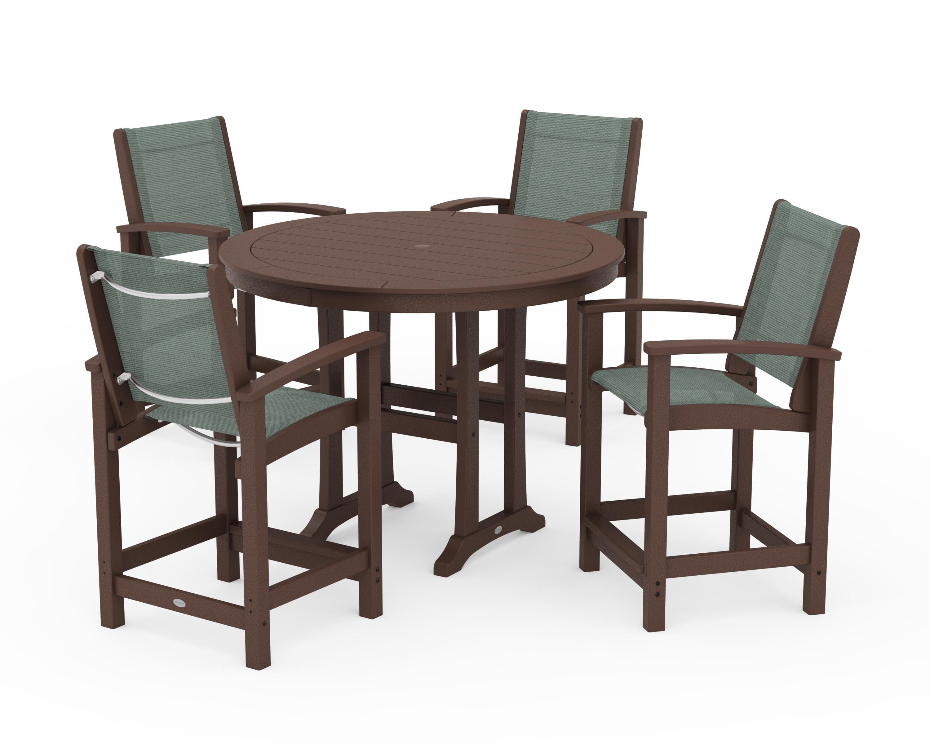 POLYWOOD Coastal 5-Piece Counter Set in Mahogany / Dupioni Sea Mist Sling